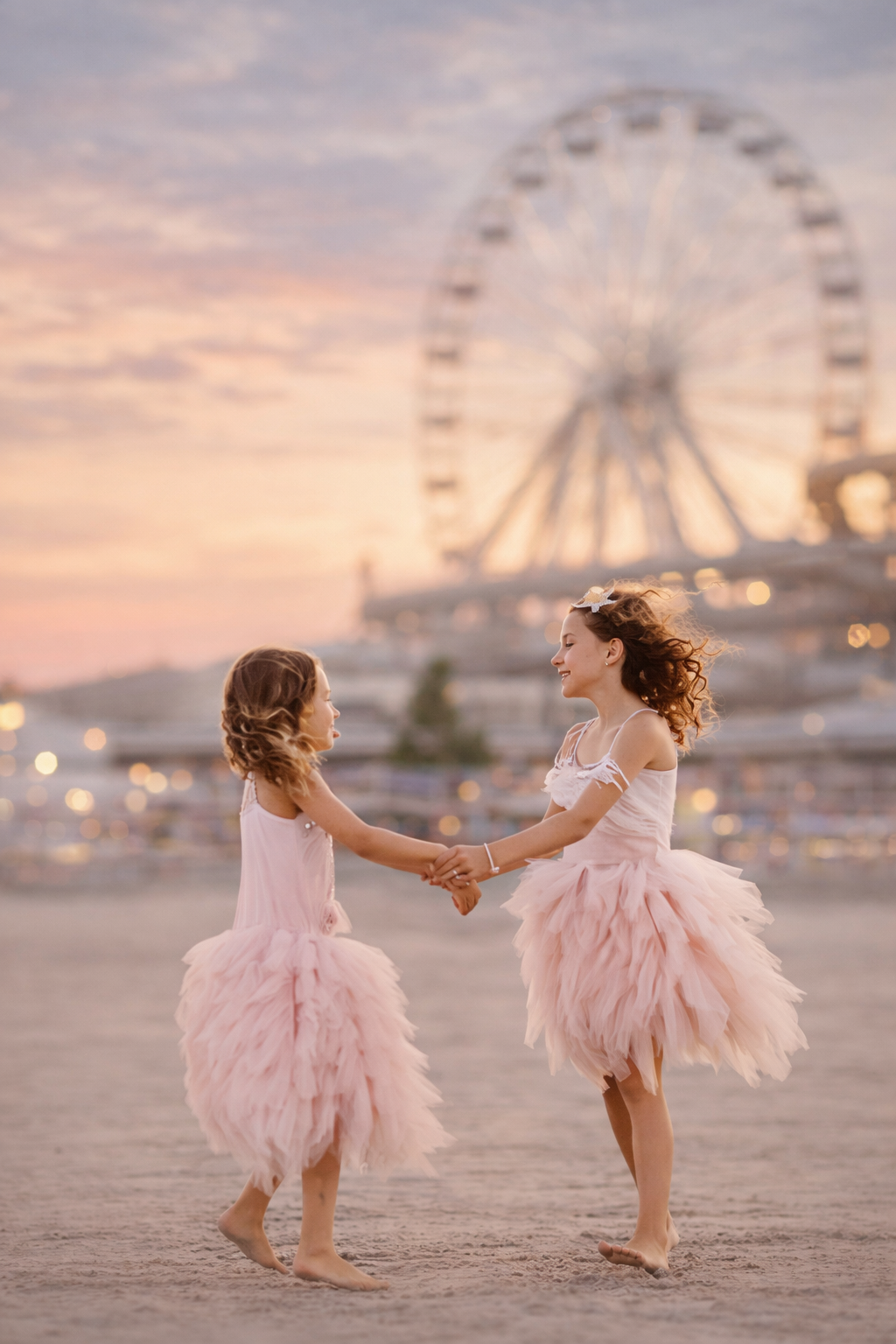 Sisters sharinga. quiet moment on the beach at sunset with the Jersey Shore Ferris wheel softly glowing in the background