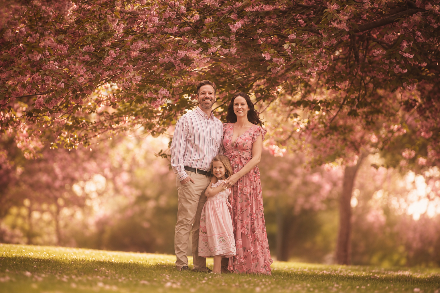 beautiful family portrait in cherry blossoms in cherry hill new jersey