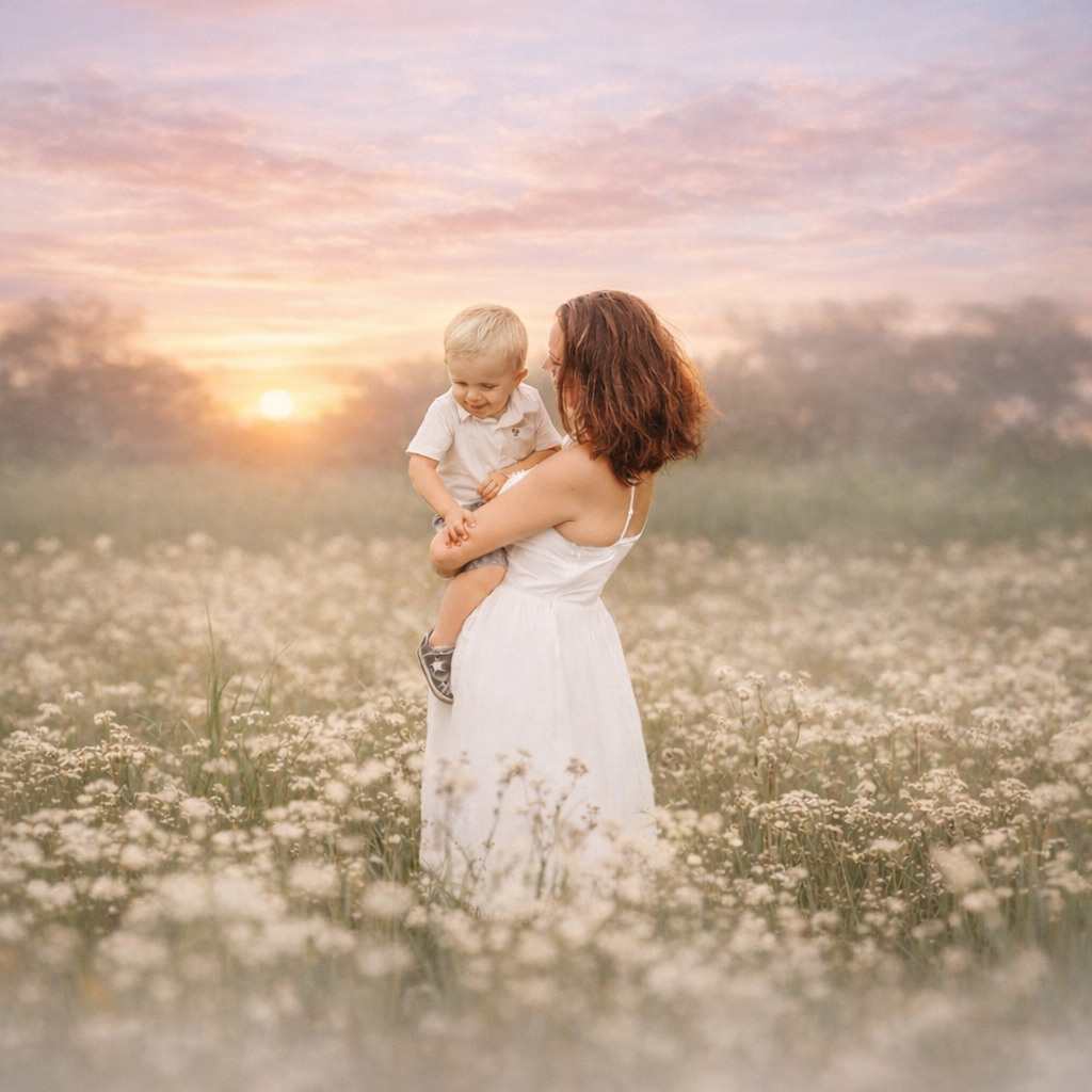 Mother holding her young child in a soft wildflower field during golden hour, photographed by a Philadelphia and New Jersey family photographer in spring.