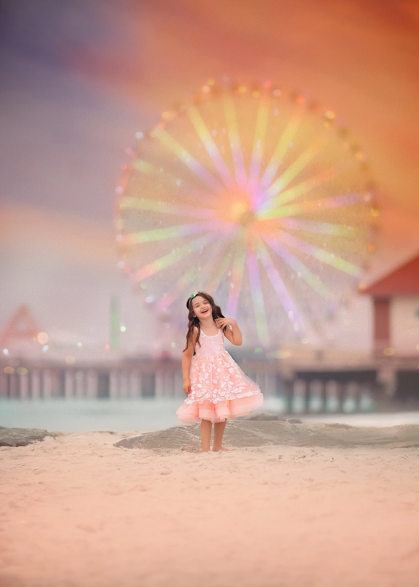 Laughing little girl photographed at the Atlantic City boardwalk with the Ferris wheel in the background during a Jersey Shore portrait session