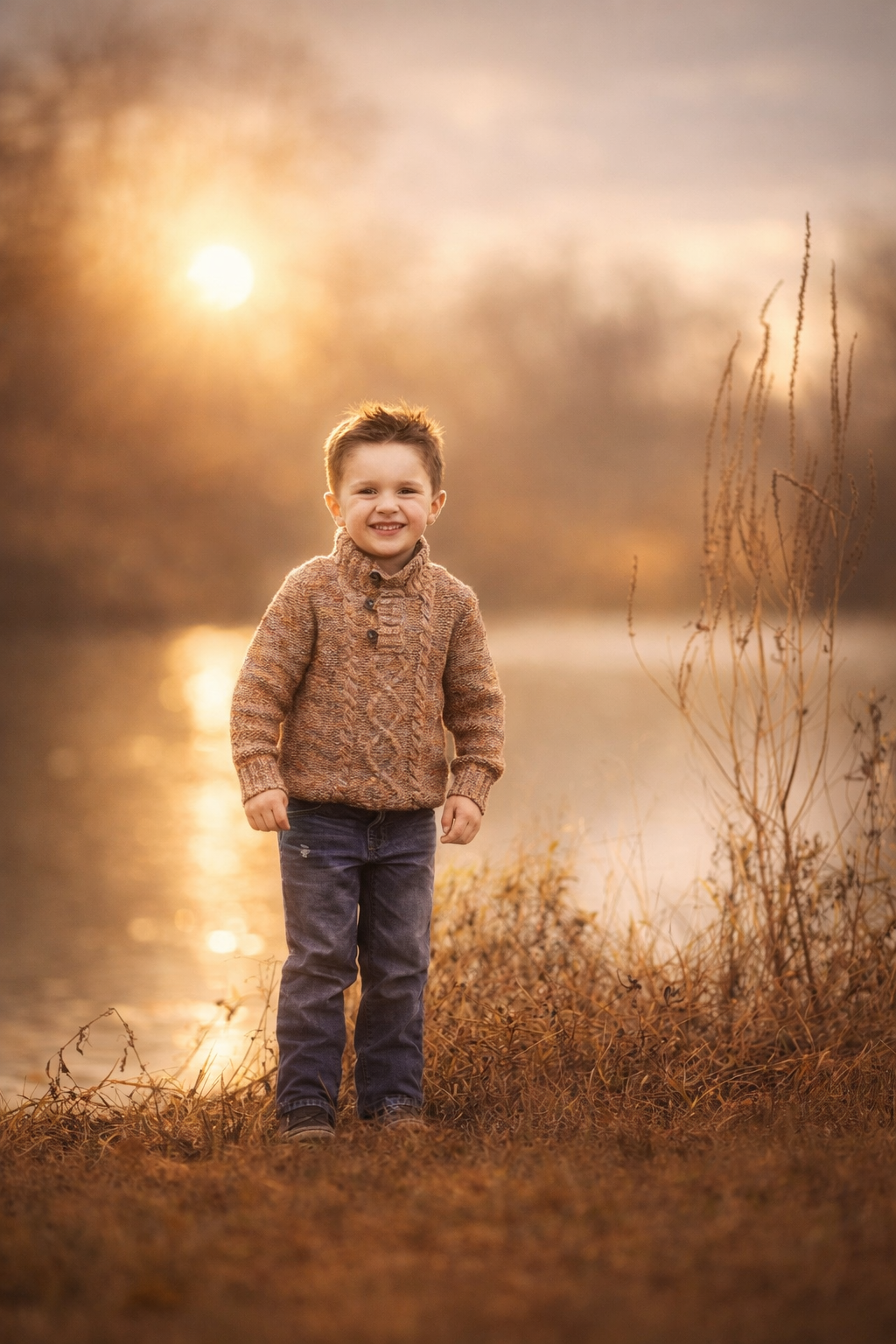 Toddler playing by a lake during a Philadelphia portrait session
