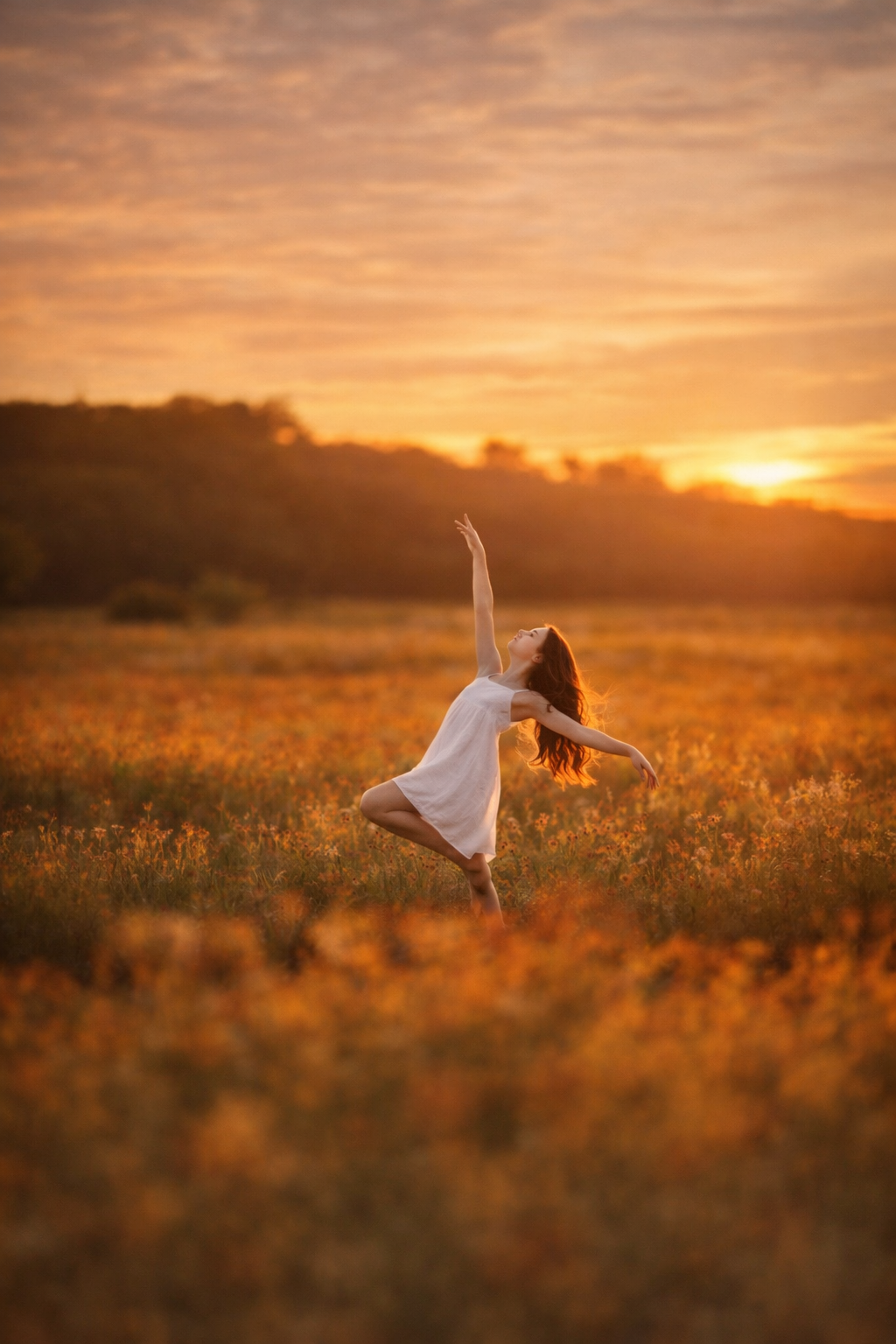 A young girl standing in a field at sunset, surrounded by soft natural glow in a timeless fine art children’s portrait.