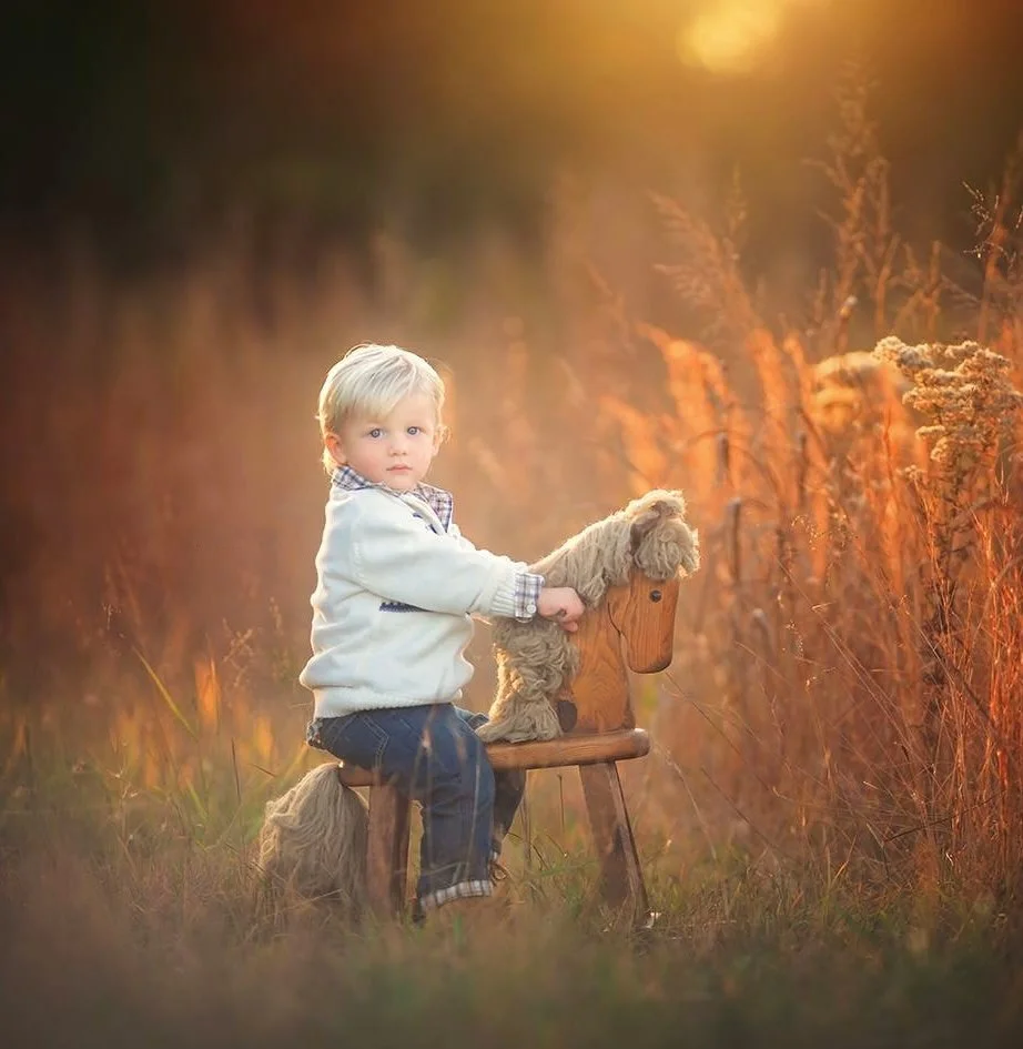 Toddler sitting on a wooden rocking horse during a calm, fine art portrait session in South Jersey.