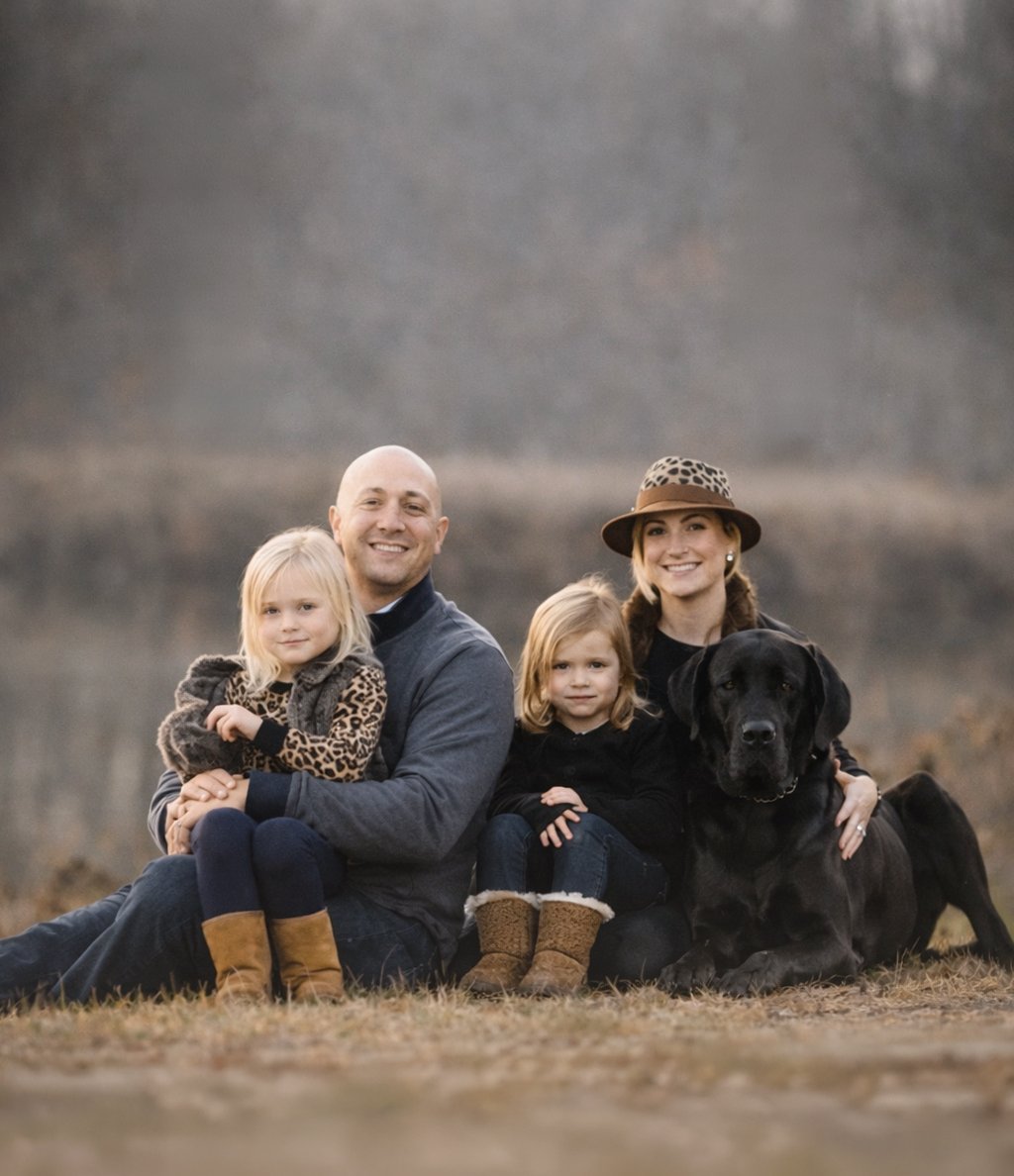 Family sitting with their dog by the lake during a fall session with a South Jersey family photographer
