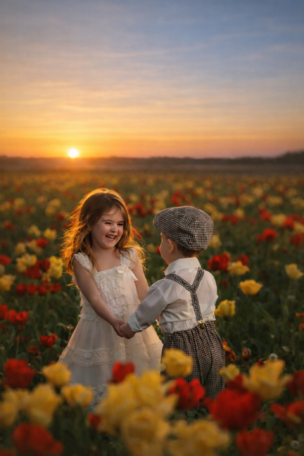 Siblings laughing together in a tulip field during a fine art family photography session in South Jersey.