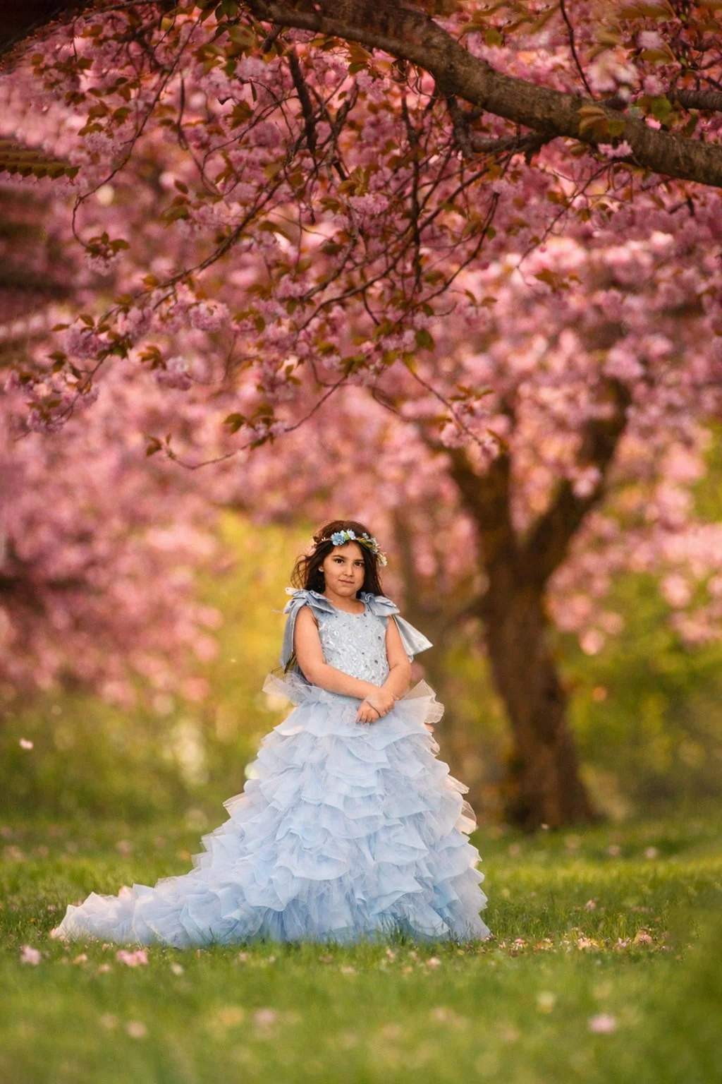 Young girl in a blue dress posing beneath cherry blossoms during a portrait session in Cherry Hill, New Jersey.
