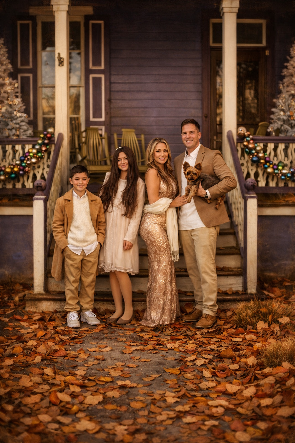 portrait of a family with a dog for holiday Christmas portraits in Victorian Cape May New Jersey