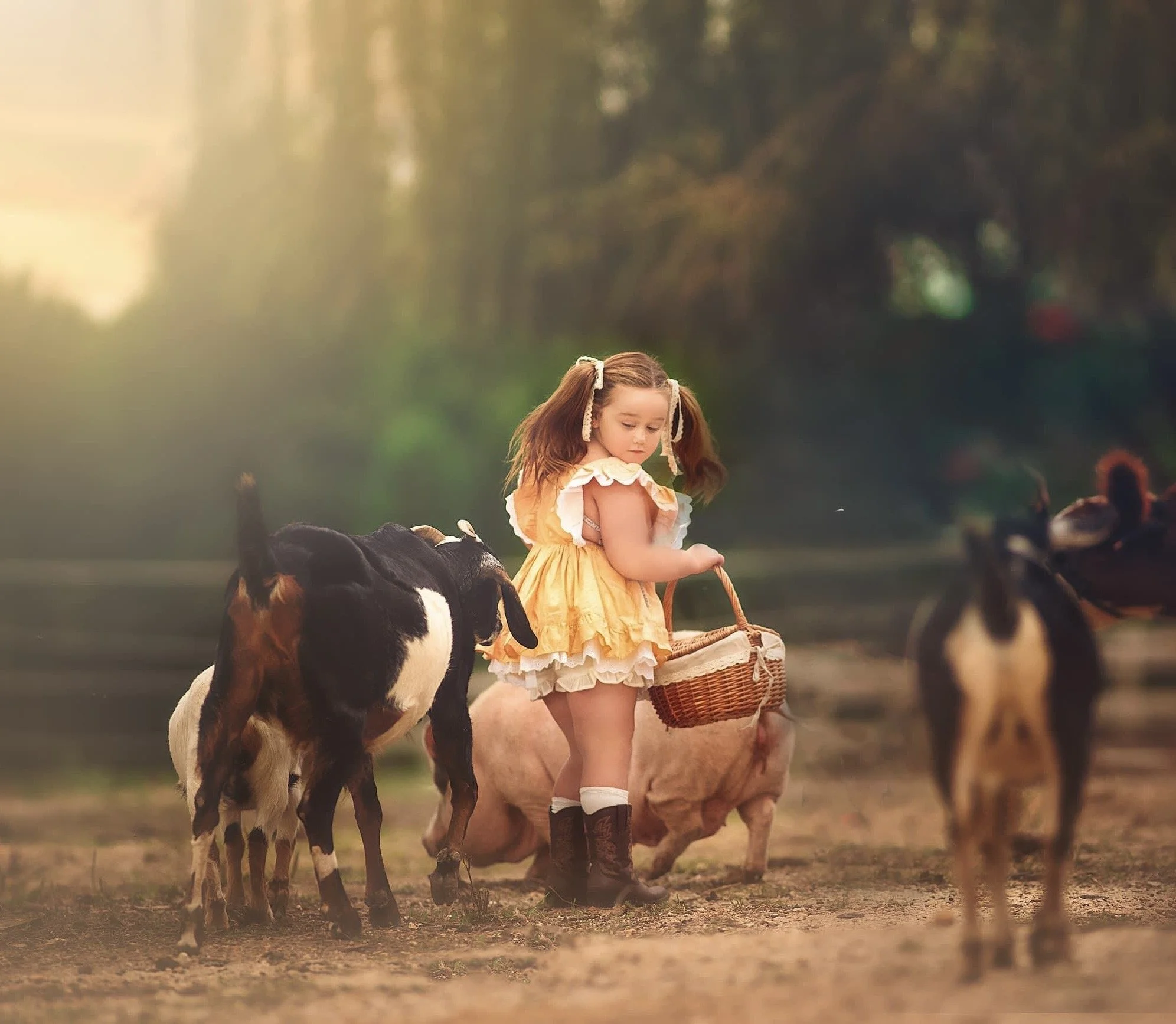 A quiet farm moment where childhood curiosity meets gentle rhythm. A young girl wanders among the goats with her basket in hand, absorbed in the simple magic of being present.  Soft light, natural textures, and unhurried movement create a timeless, s