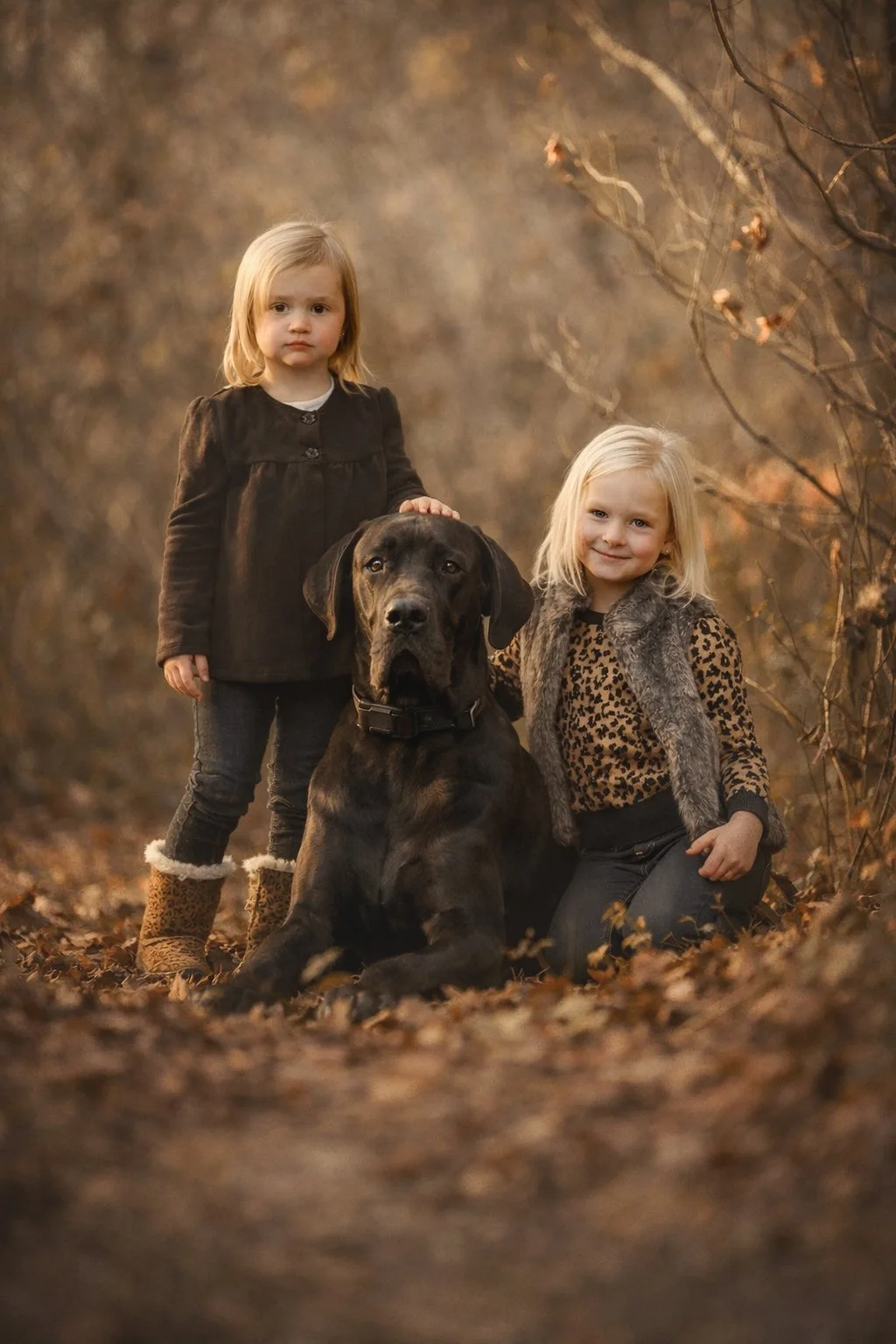 Sisters posing with their dog in a fall setting captured by a South Jersey family photographer