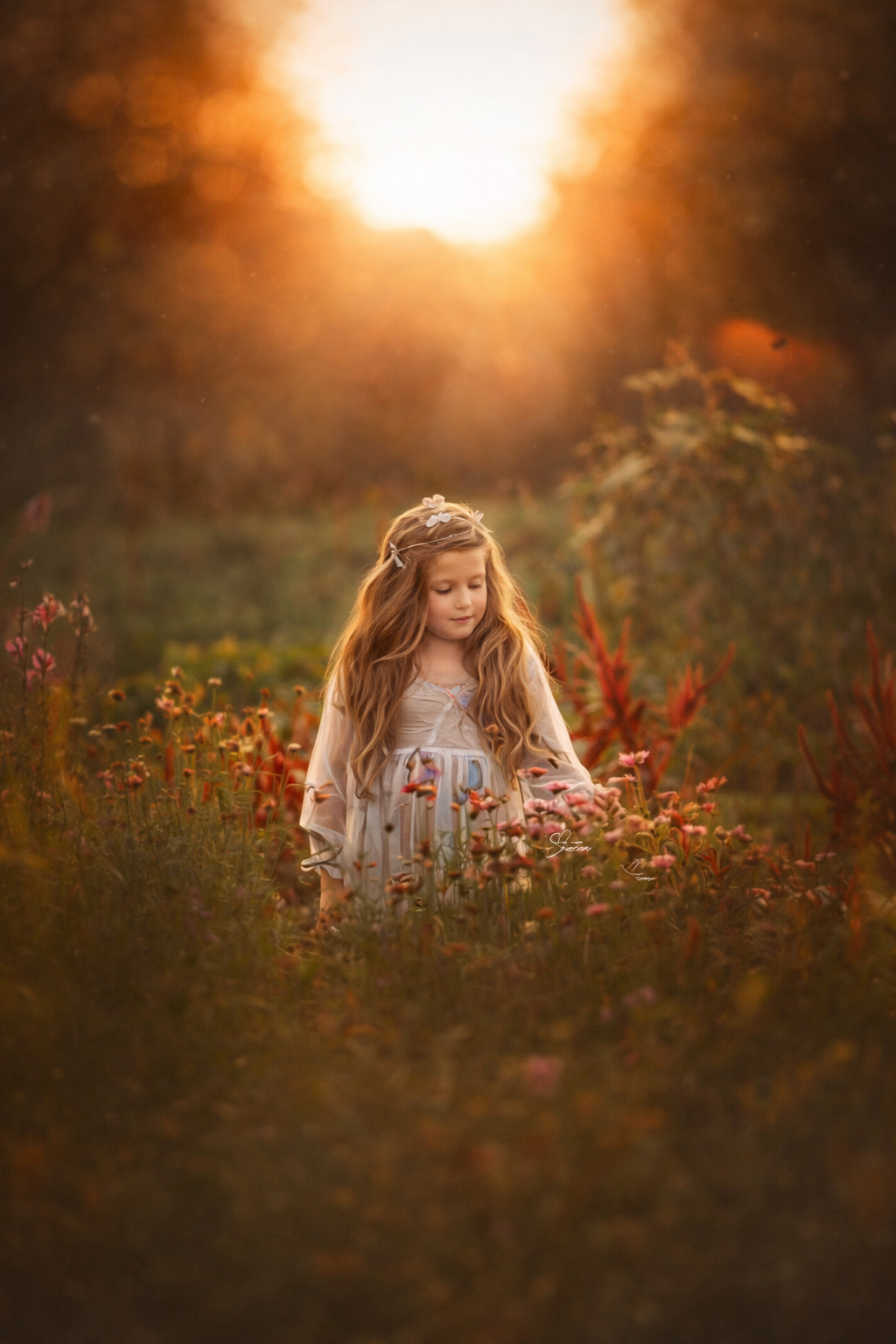 A young girl standing in a wildflower field at sunset, photographed in soft natural light for a timeless fine art children’s portrait.