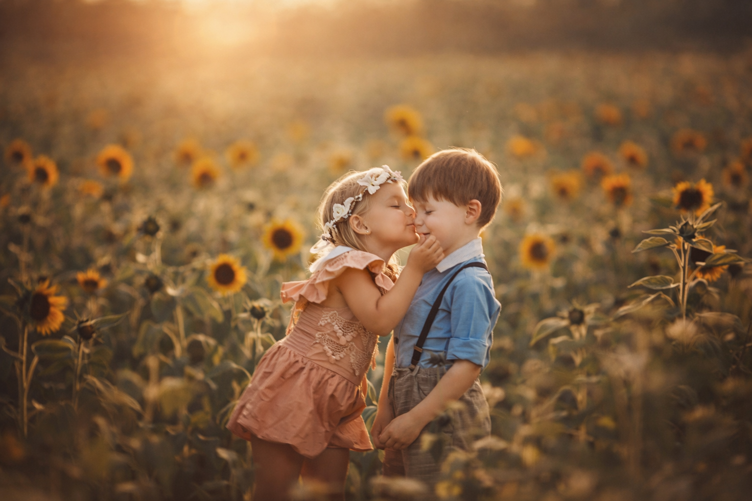 Young girl kissing a little boy on the cheek during a sunflower field mini session in New Jersey