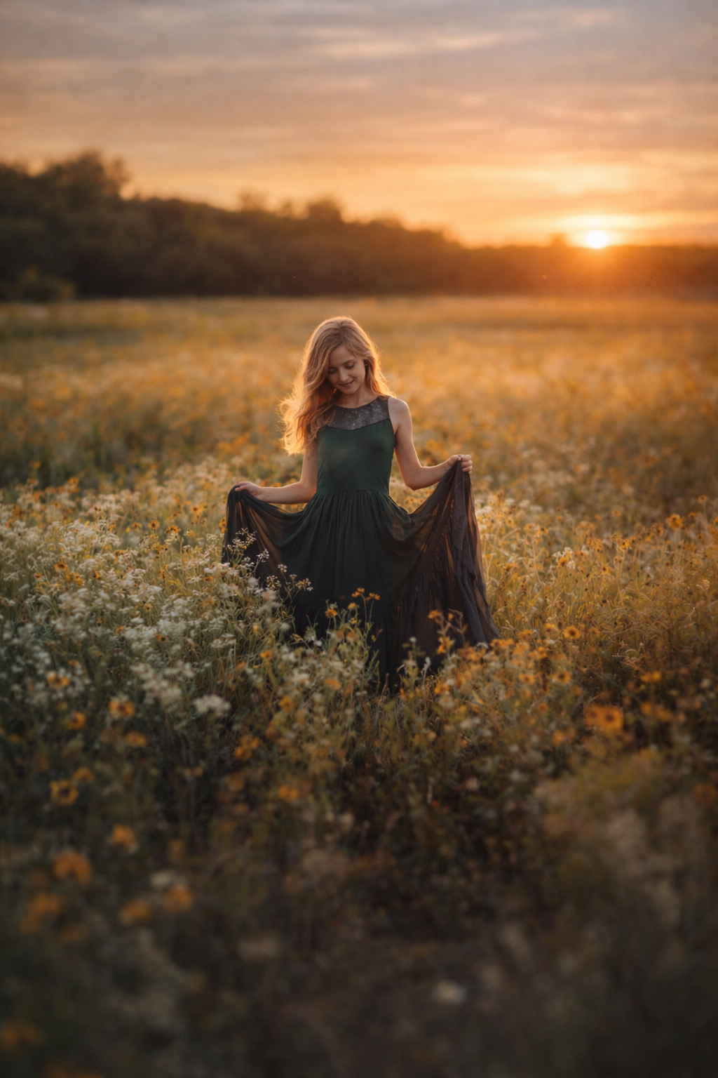 Girl holding her dress in a wildflower field at sunset during a fine art children’s portrait session in New Jersey