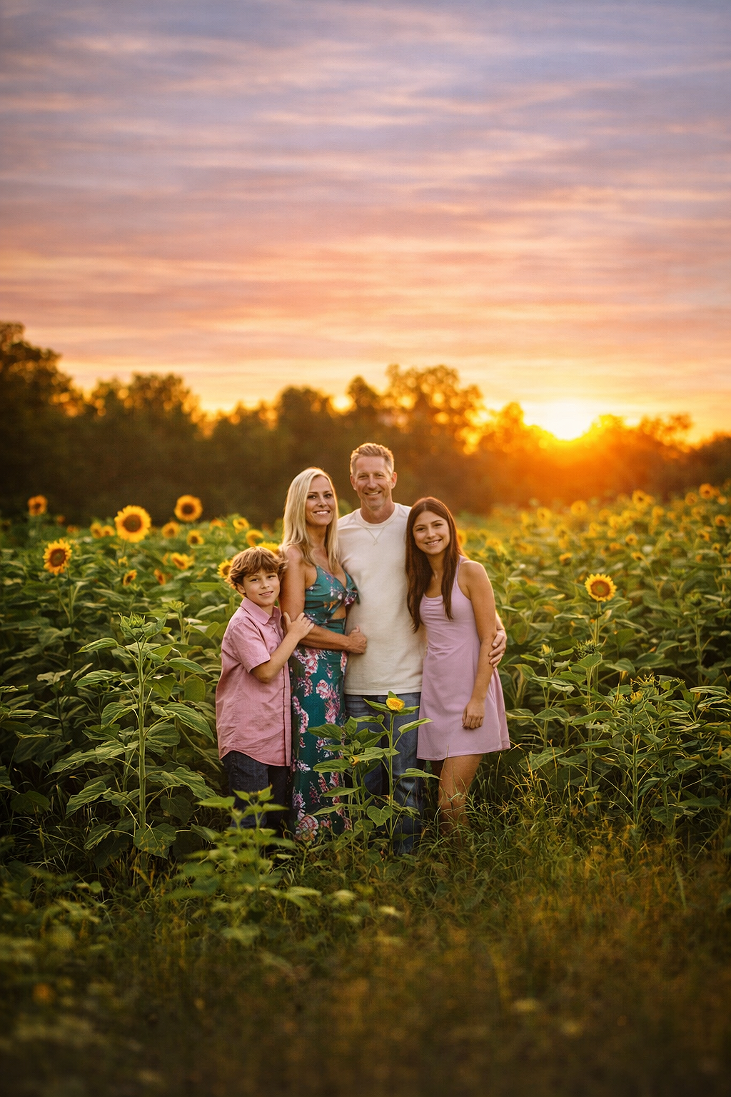 mom and dad and kids posing in a gorgeous sunflower field for a NJ luxury portrait session