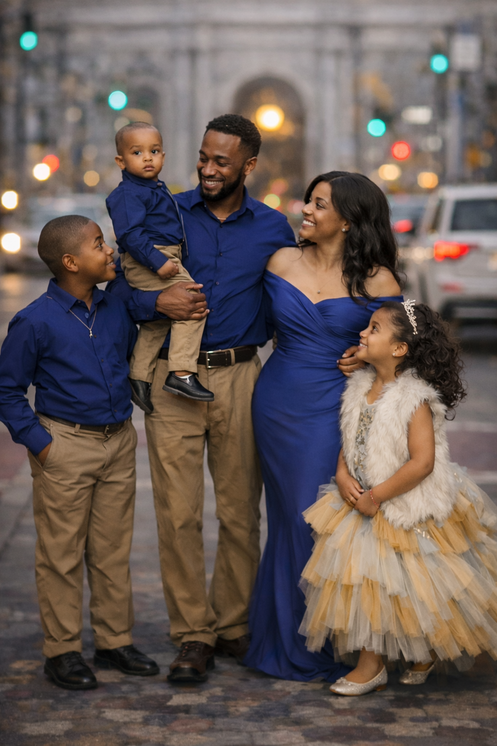 A family of five walking together on a Philadelphia city street at dusk, dressed in coordinated blue and neutral outfits during a natural fine art family portrait session.