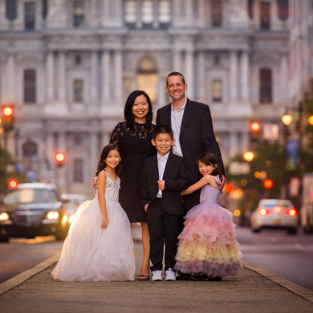 Family of five posing near Philadelphia City Hall during a Center City portrait session.