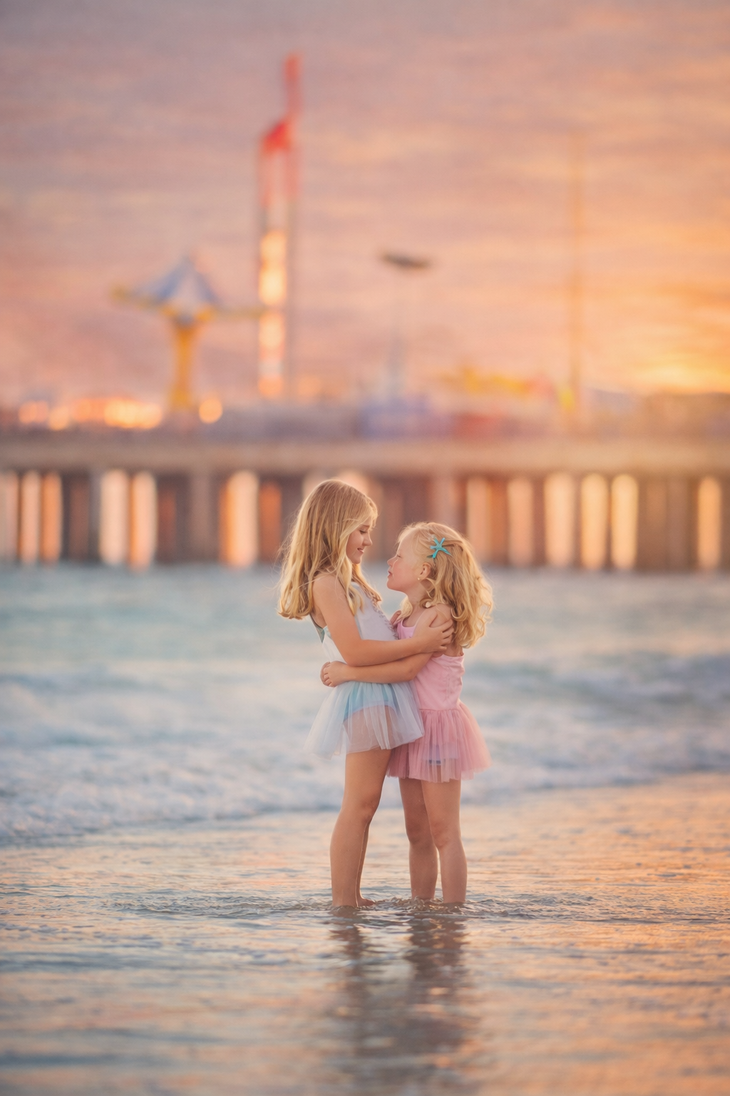 Two sisters standing together in the ocean at sunset during an Atlantic City beach portrait session along the New Jersey Shore.