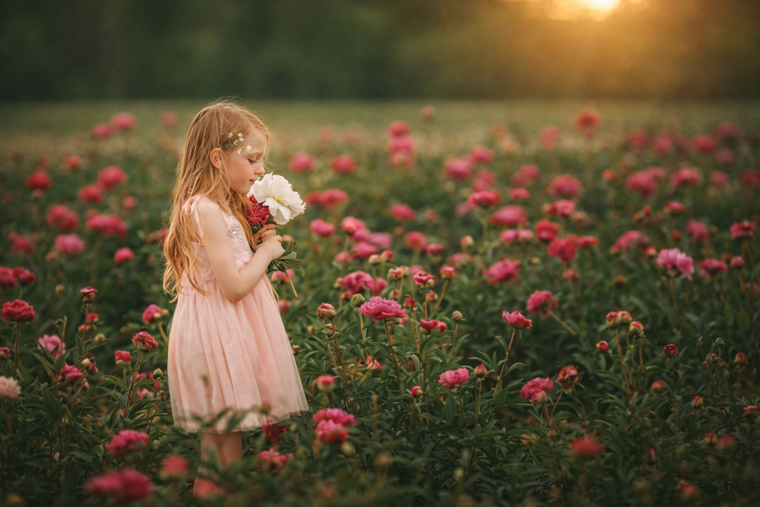 Girl standing in peony field during South Jersey portrait session