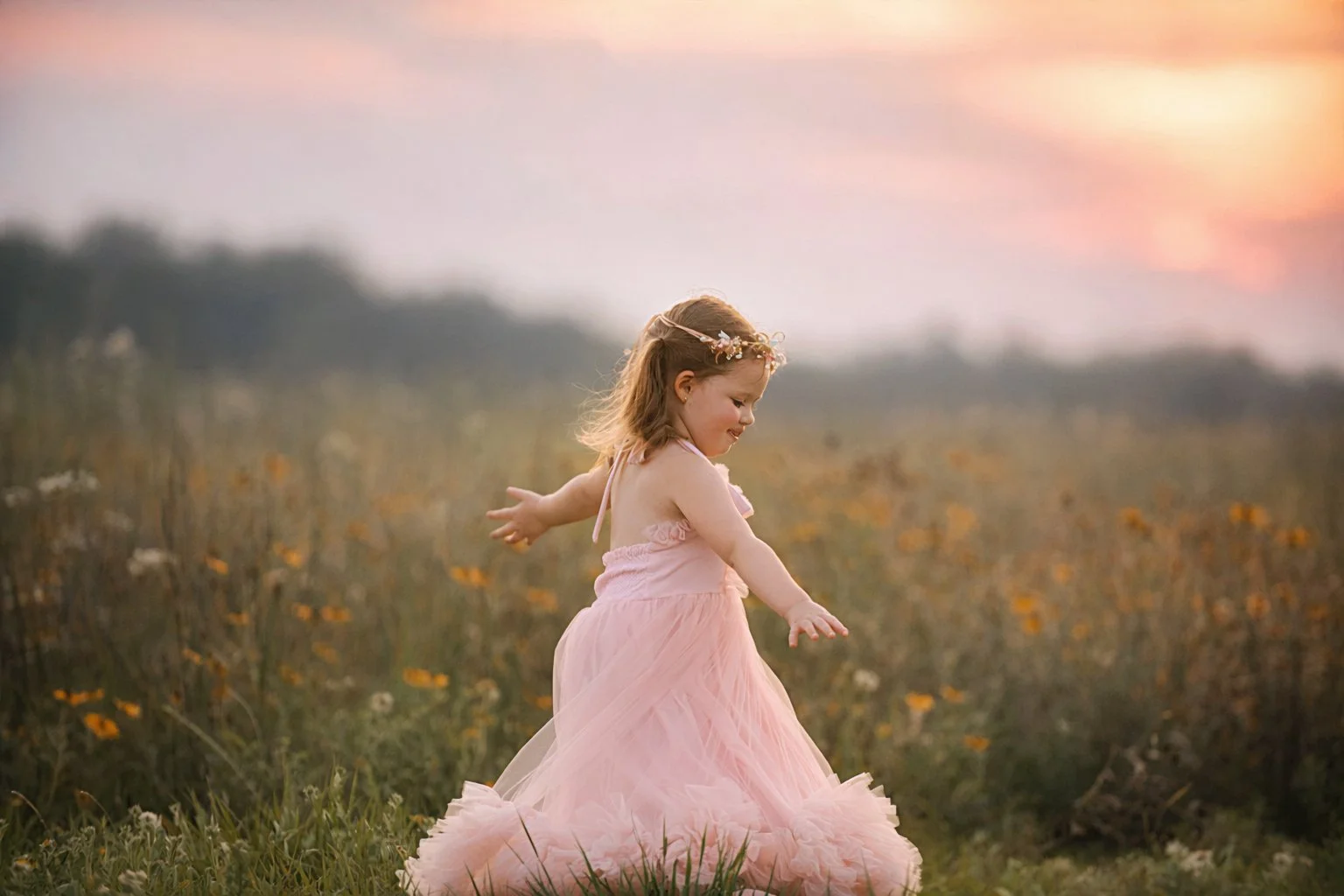 A young child twirls in a soft pink dress during a wildflower field portrait session in the Delaware Valley, highlighting natural and relaxed family photography.