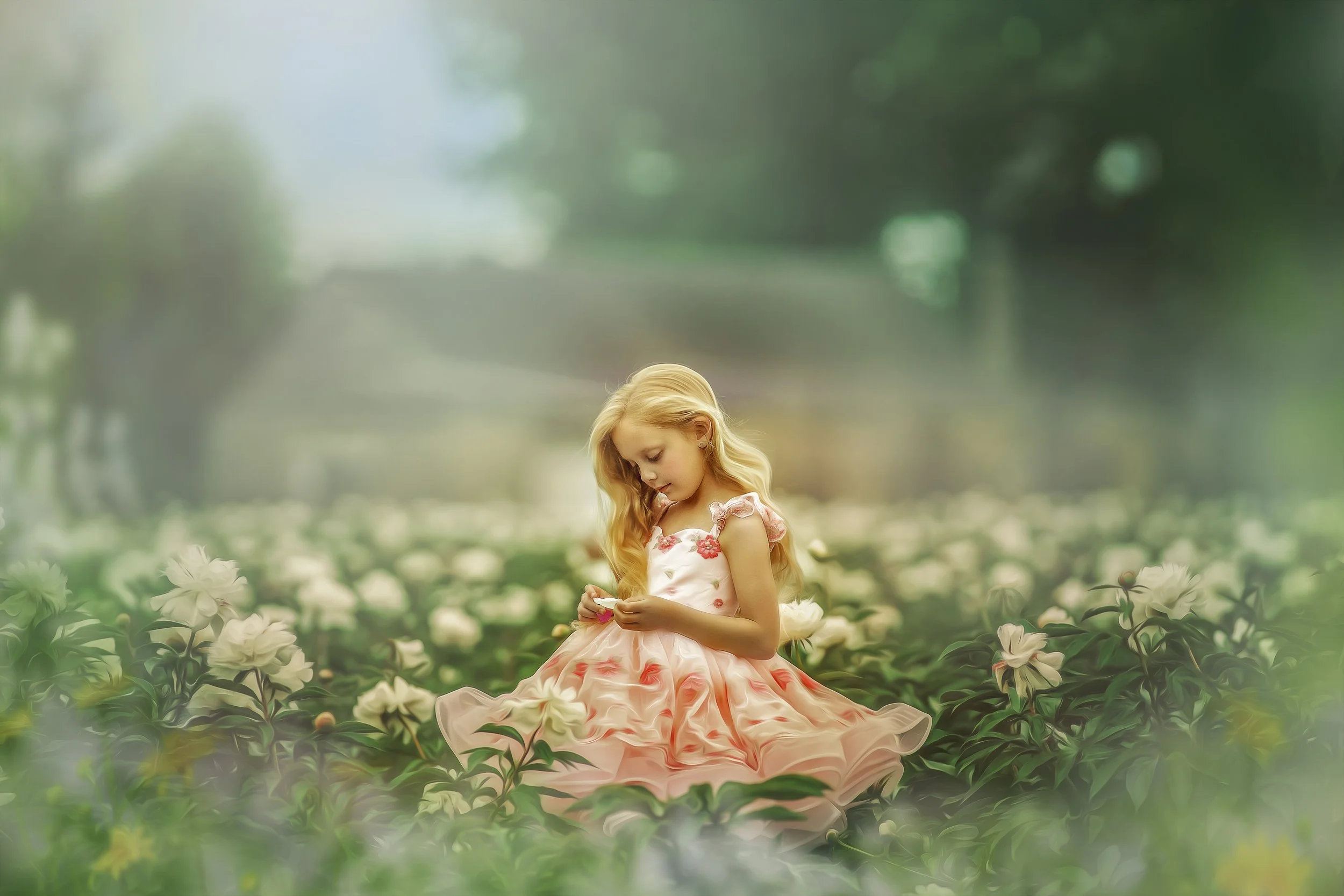 Child in pink dress surrounded by white flowers in South Jersey during golden hour portrait session