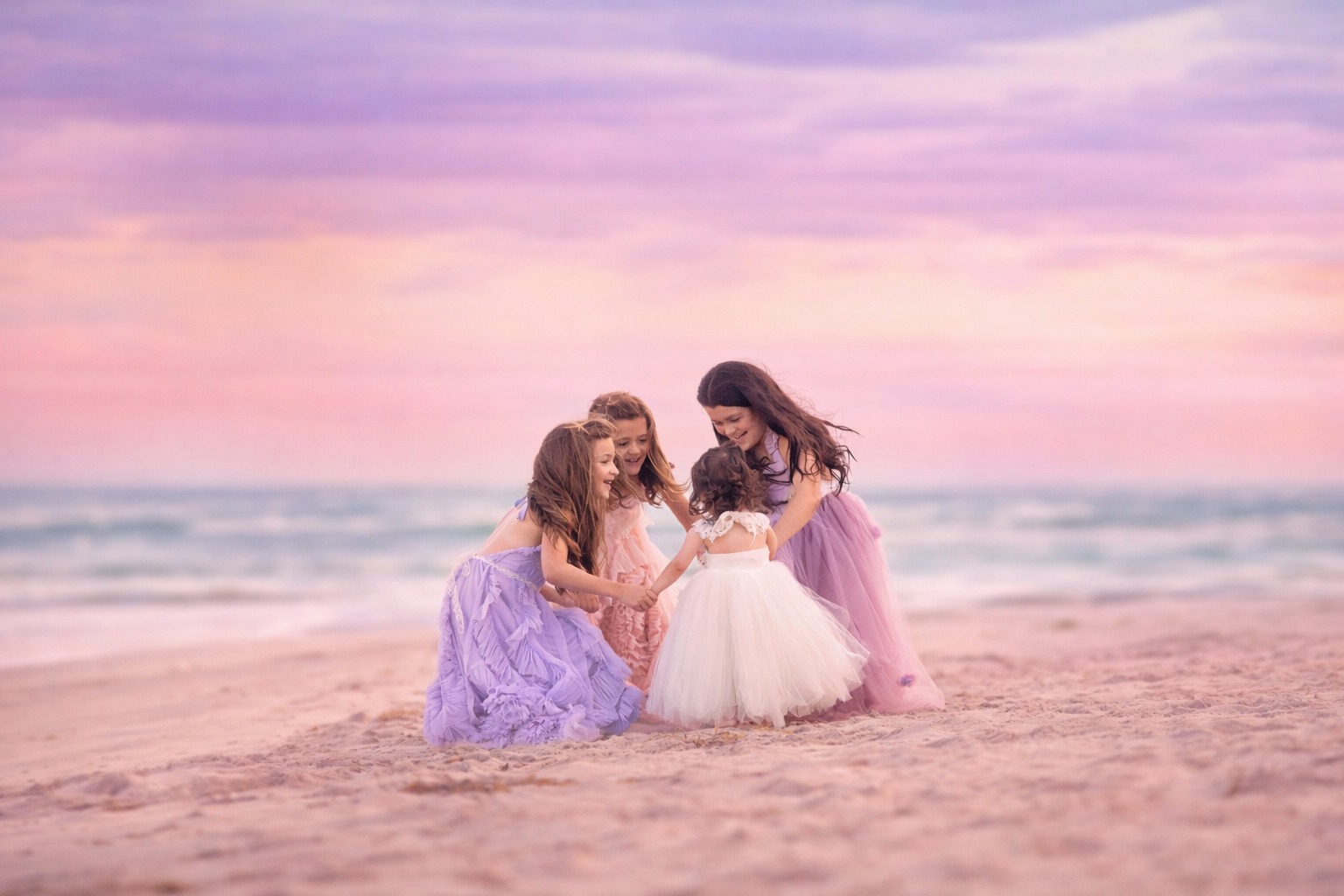 children holding hands in a circle on the beach during a sunset portrait session in Ocean City New Jersey