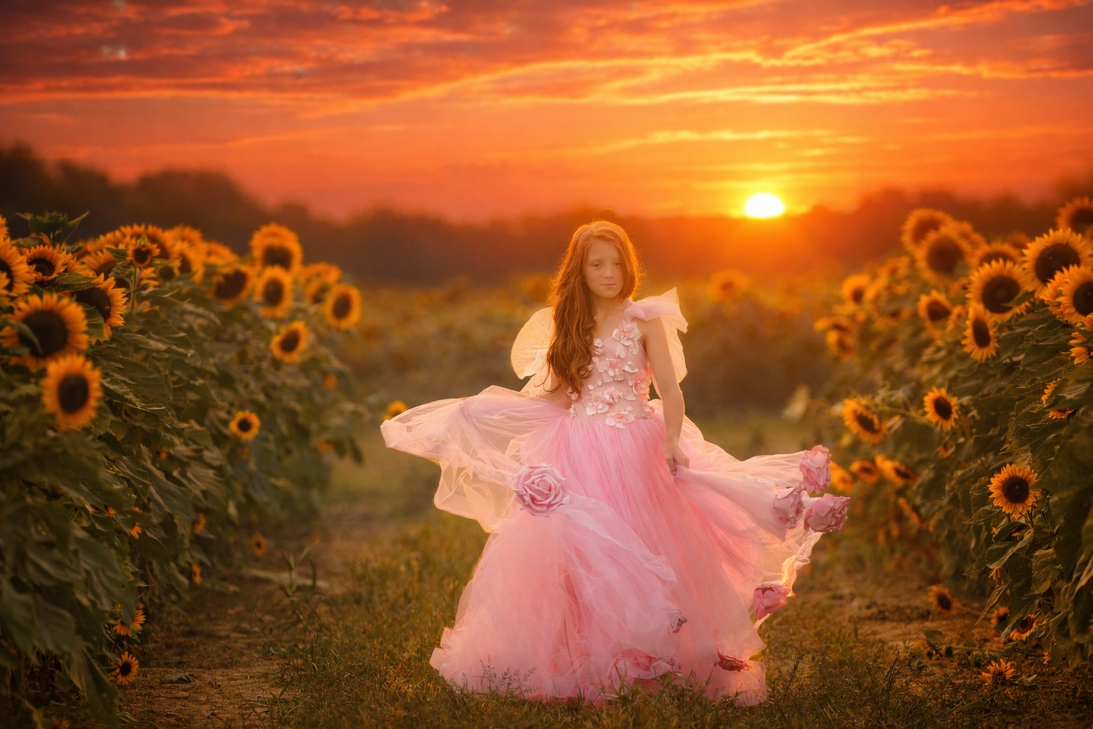 Joyful portrait of a girl twirling in a pink dress among sunflowers at golden hour, photographed in a South Jersey flower field.