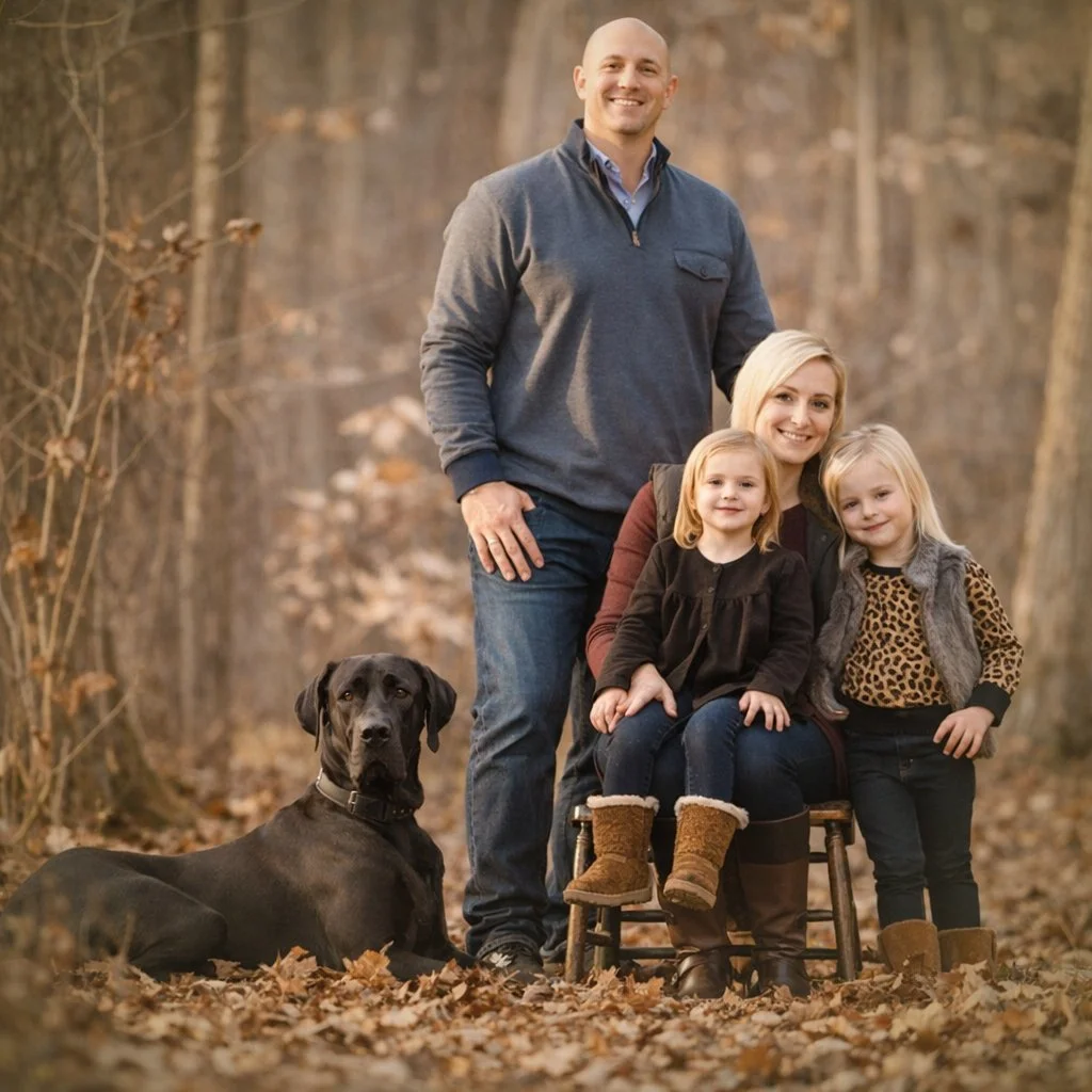 Family posing together with their dog in the woods during a fall session with a South Jersey family photographer