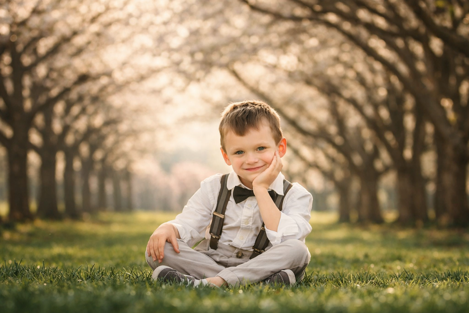 Little boy smiling while sitting on the grass during a portrait session in Fairmount Park in Philadelphia.