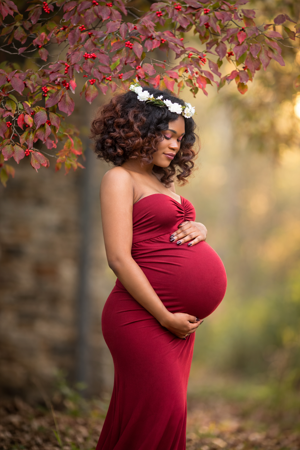 Pregnant woman in red dress looking down at her belly during an outdoor maternity session near Philadelphia
