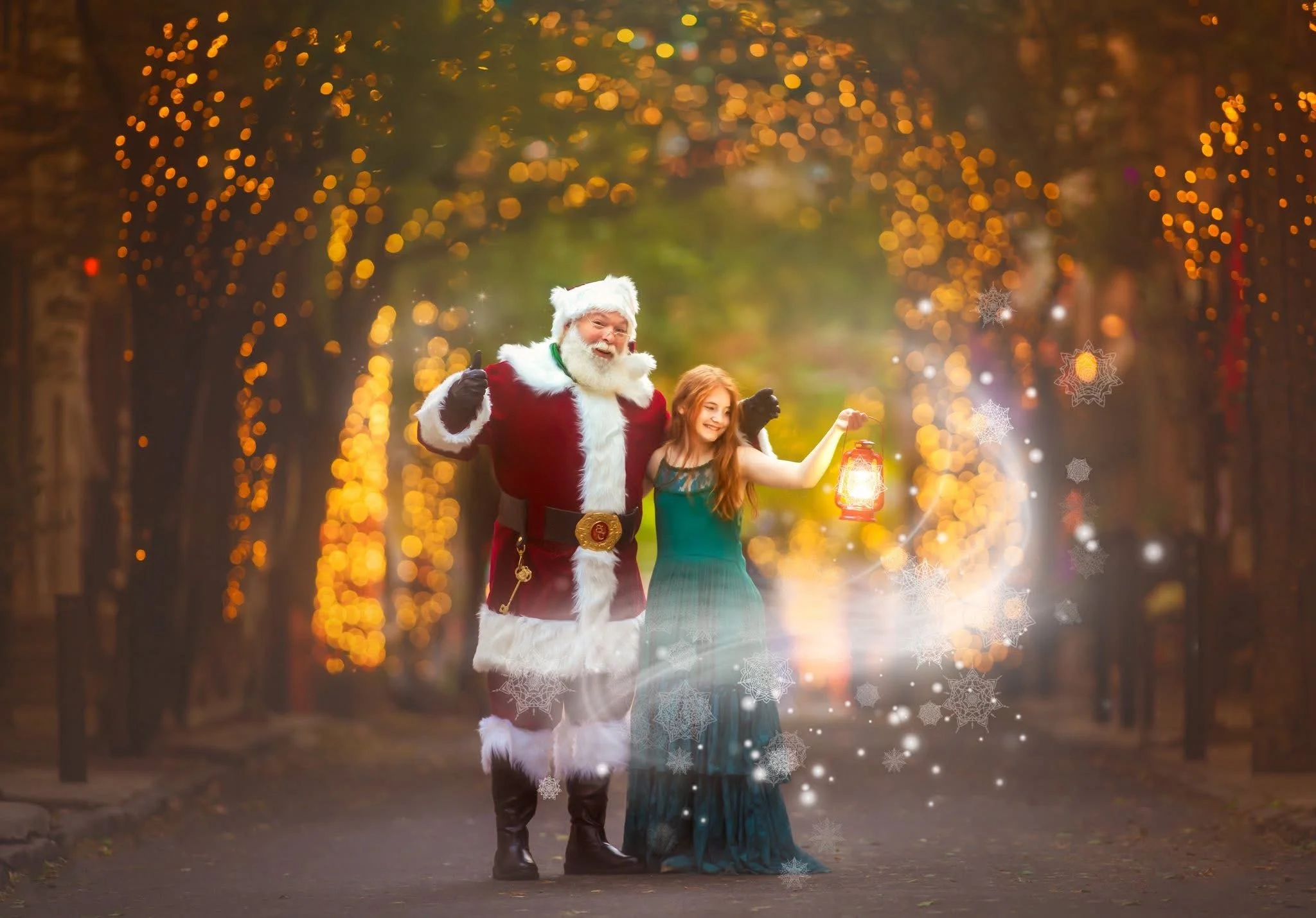 Fine art Christmas portrait of Santa with a young girl in Rittenhouse Square, Philadelphia
