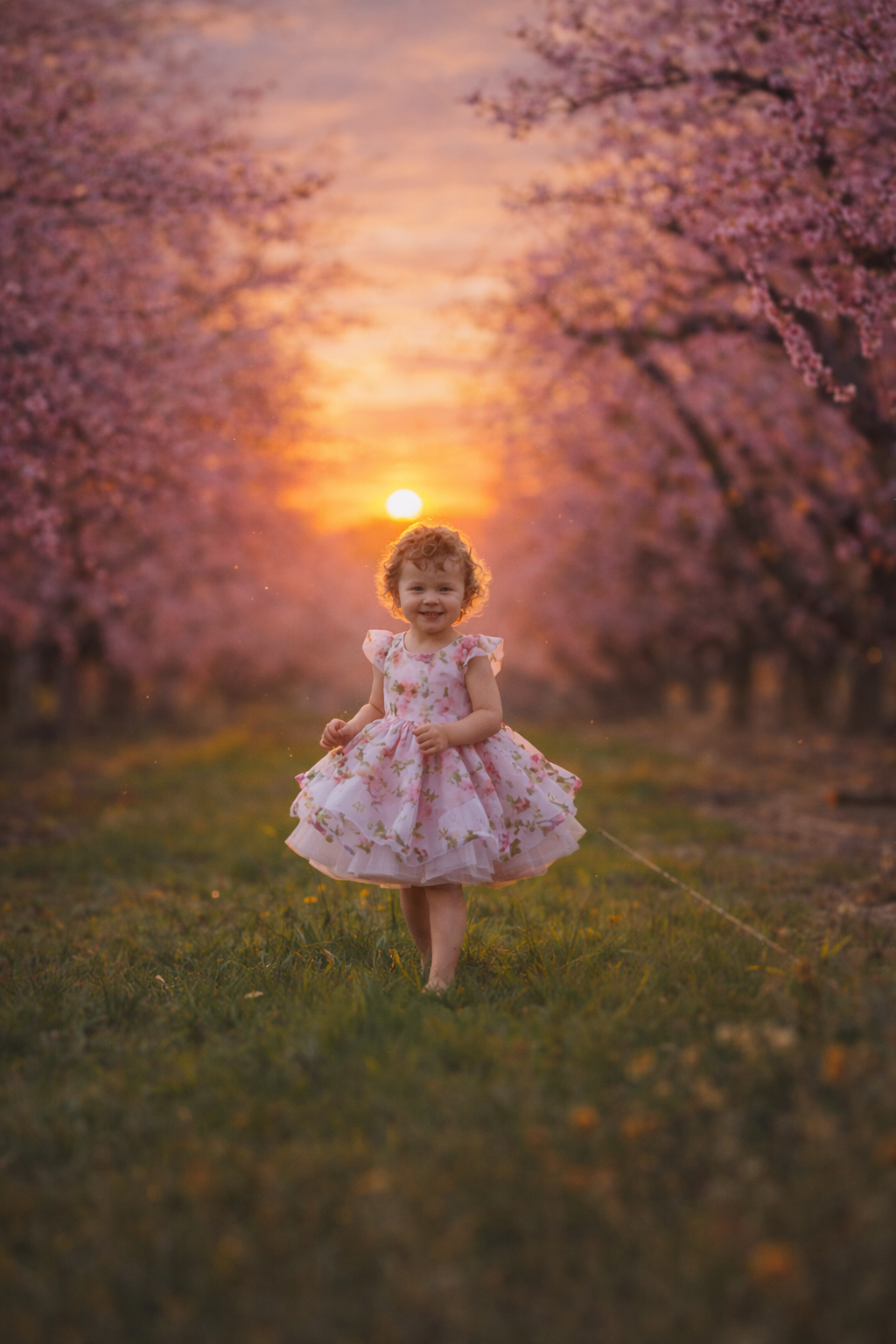Smiling toddler girl at sunset in a peach orchard during a fine art seasonal portrait session in New Jersey.