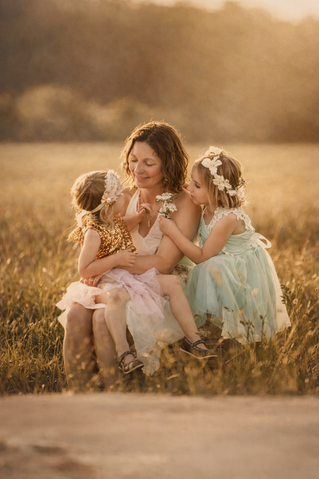 Mother sitting in a golden field with her two young daughters during a warm sunset portrait session photographed by a South Jersey family photographer