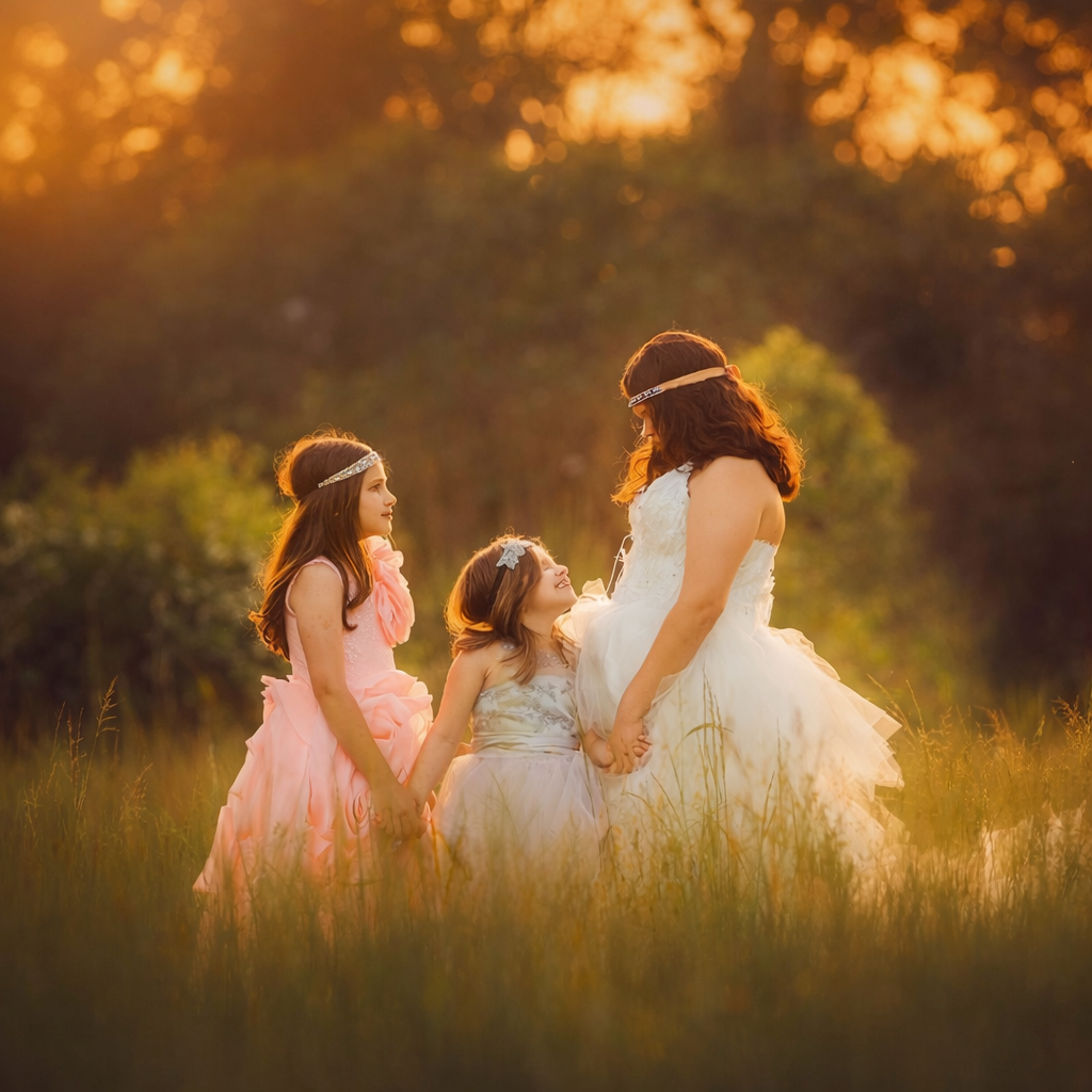 mother holding hands with her two daughters in a glowing sunset field during a South Jersey family photography session