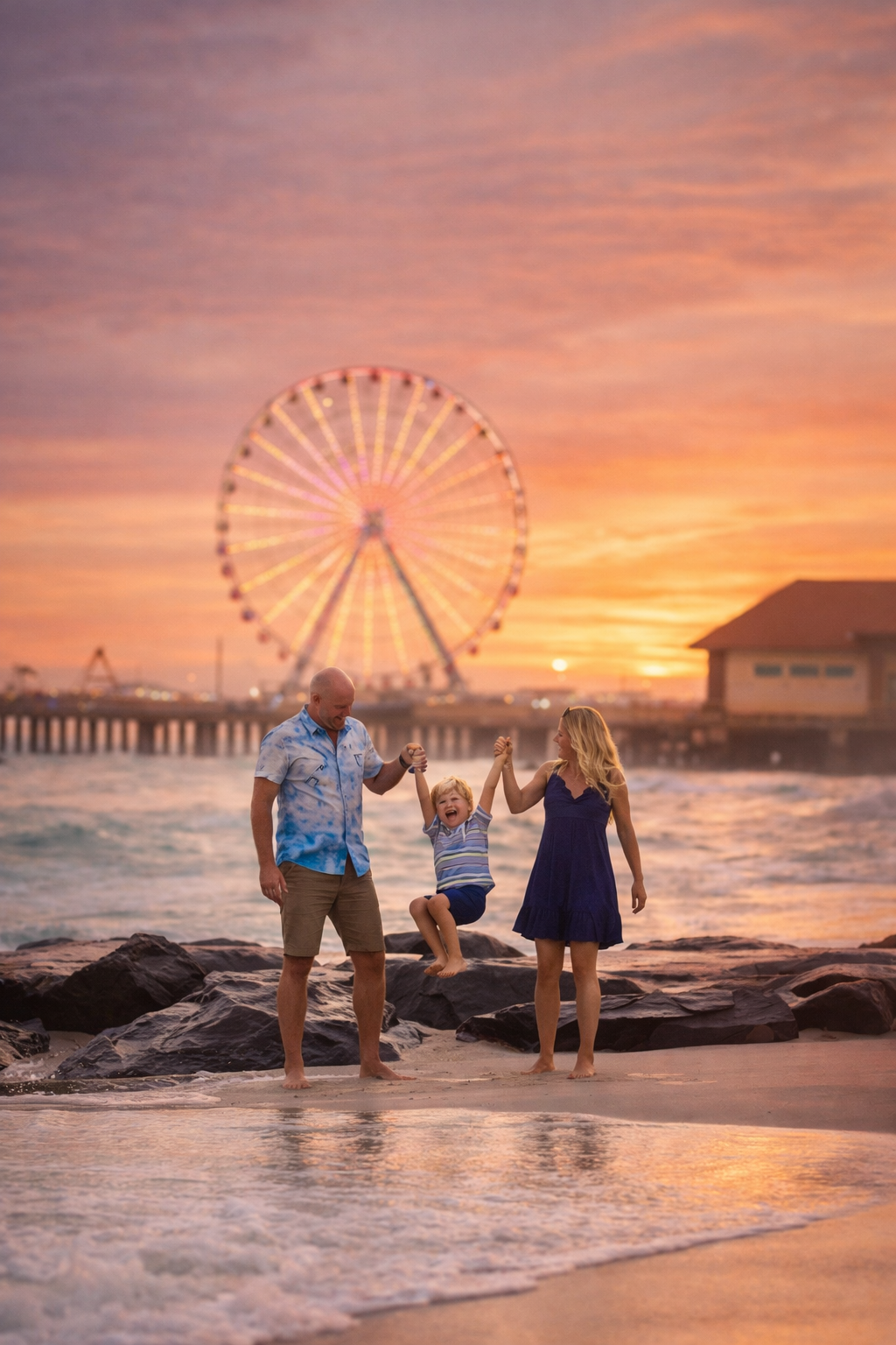 A family walks together along the jetty at sunset in Atlantic City, framed by ocean waves and the iconic Ferris wheel as the sky turns warm and golden.