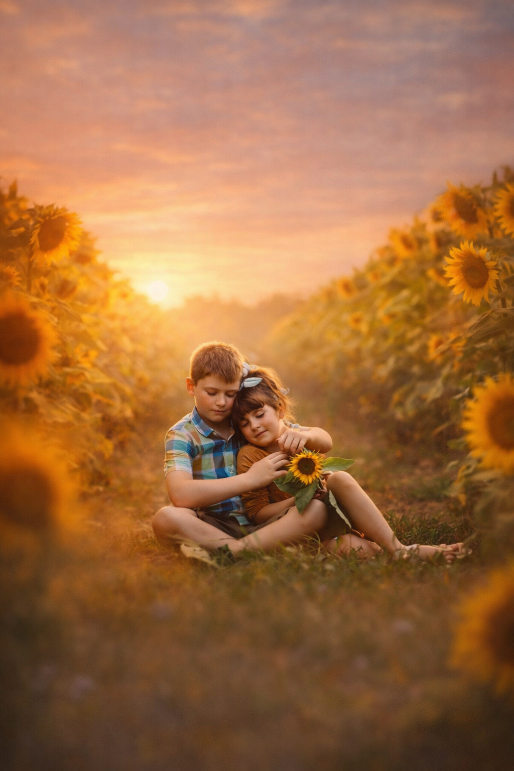 Rocco and Gigi photographed together during a sunset sunflower portrait session at Dalton Farms in New Jersey.