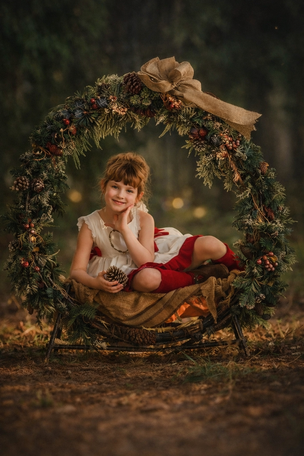 Fine art Christmas portrait of a young girl framed by a holiday wreath during a New Jersey session