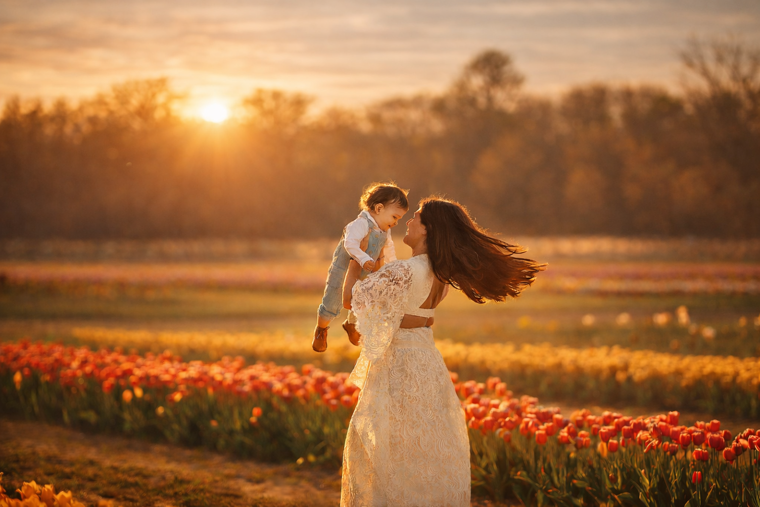 mother playing with her sun at sunset at dalton farms in the tulips at sunset for a family portrait session