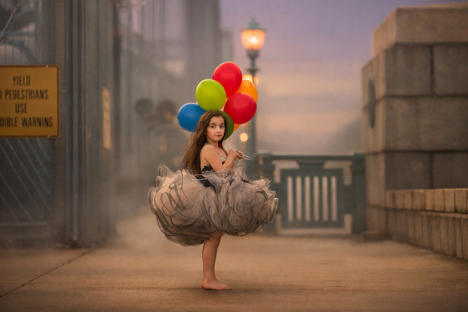 young girl in a couture dress holding colorful balloons during a Philadelphia child portrait session on a city bridge at sunset