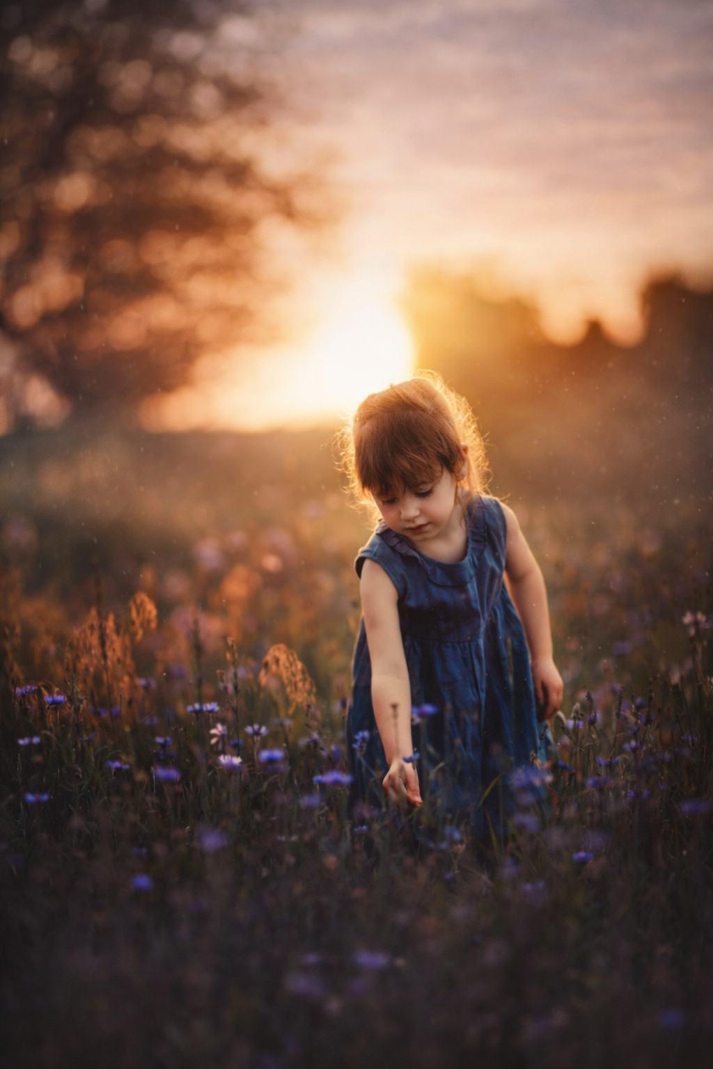 A young girl in a blue dress picking flowers at sunset, photographed in warm natural light for a timeless fine art children’s portrait.