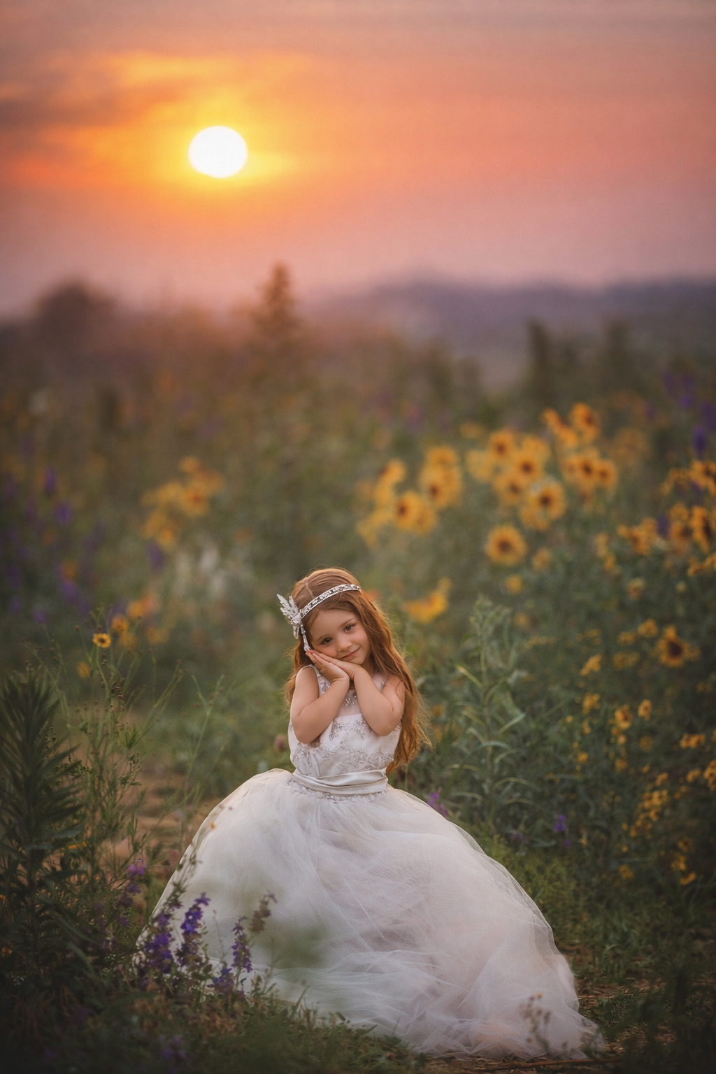 Young girl in a flowing white dress standing in a South Jersey wildflower field at golden hour