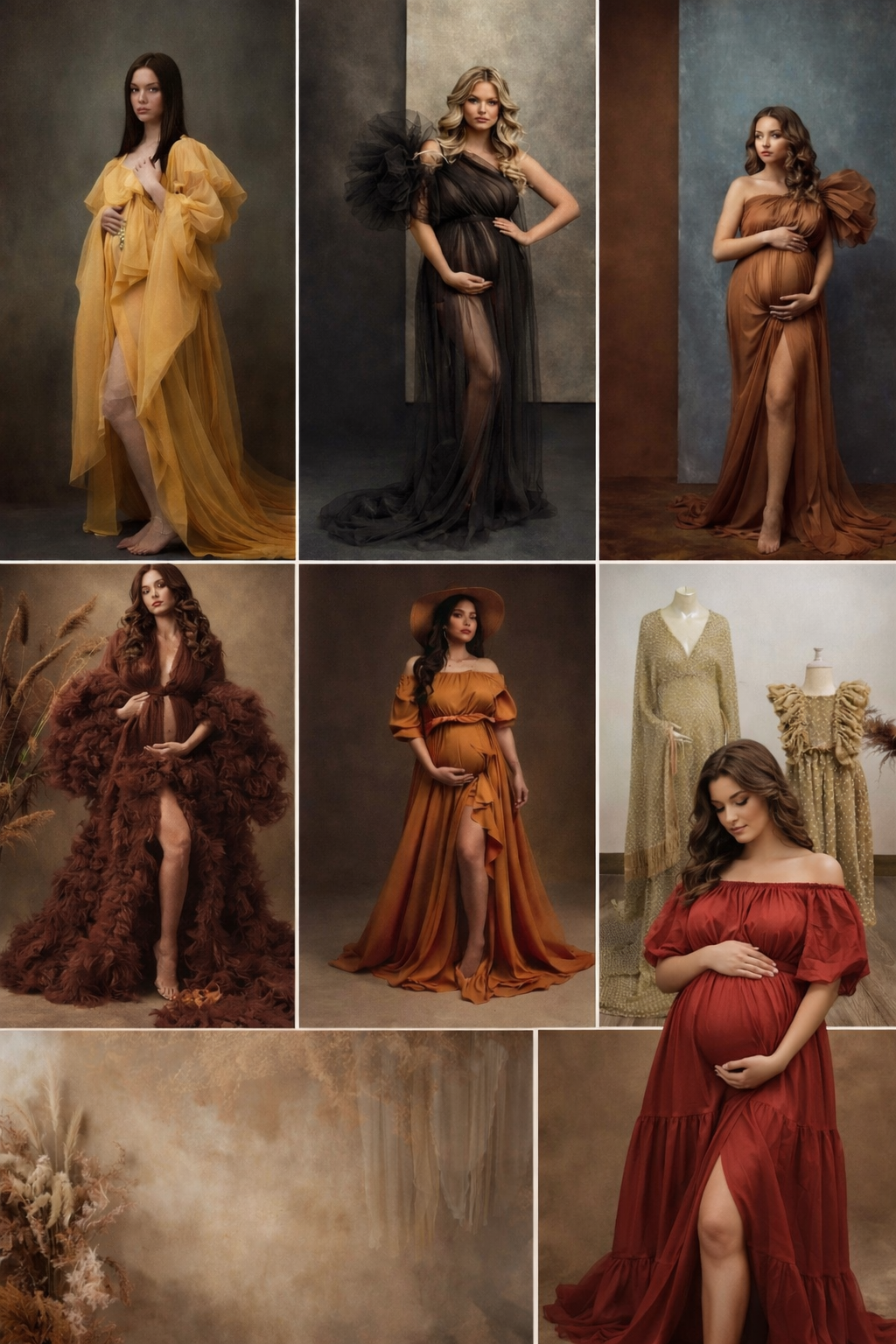Collage of maternity dresses available in the client wardrobe for fine art portrait sessions in New Jersey