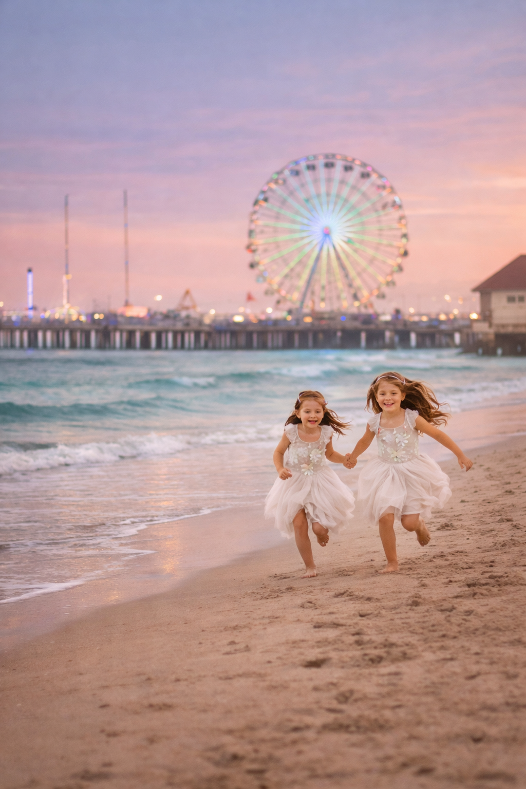 Girls laughing and running together on the beach during a summer mini session at the Jersey Shore