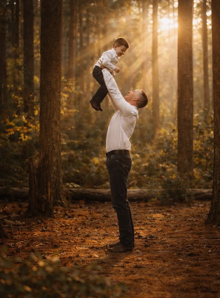 Father lifting his child in golden forest light during a South Jersey family photography session