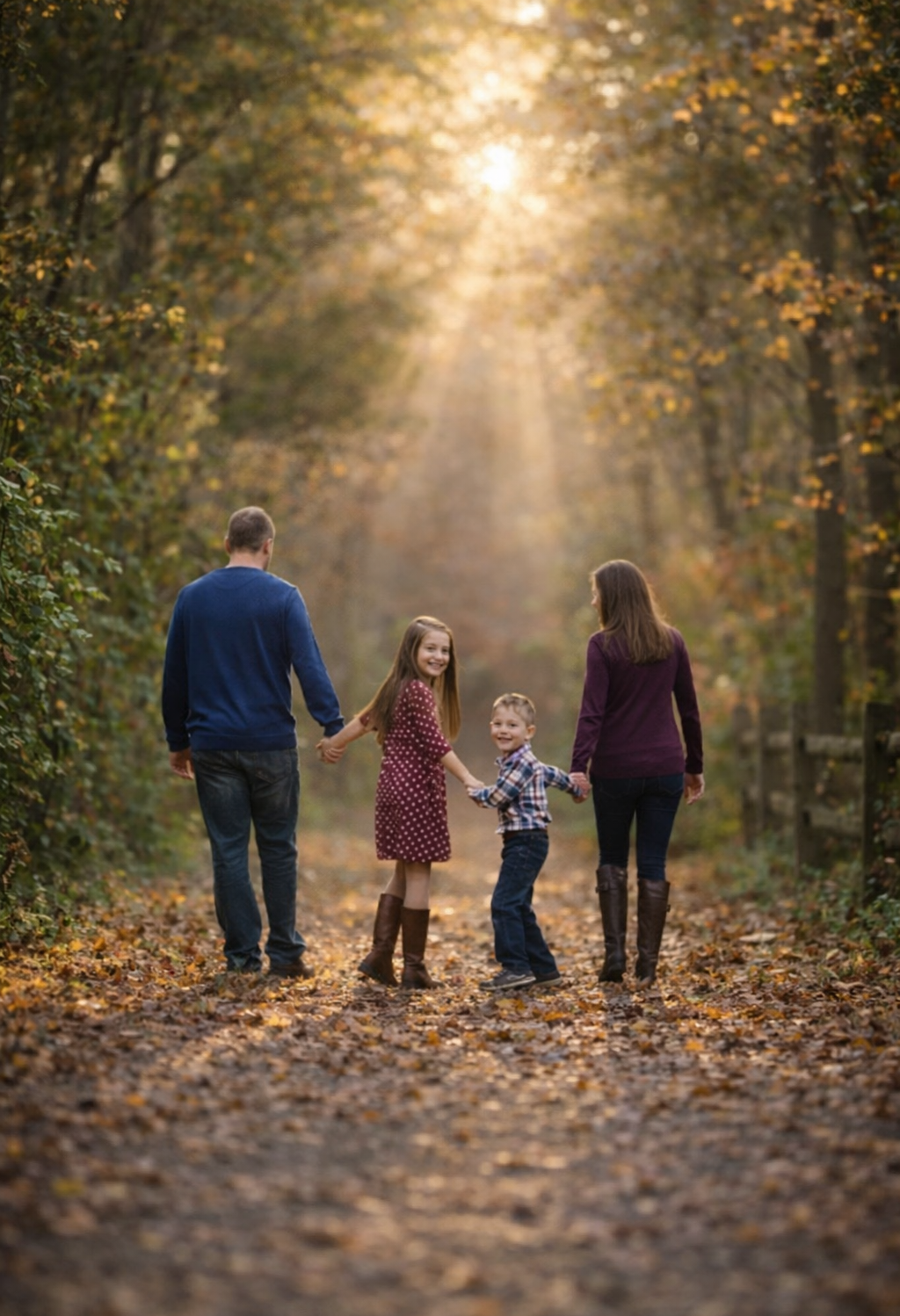Family walking together through a wooded trail during a South Jersey family photography session, capturing natural connection and candid emotion
