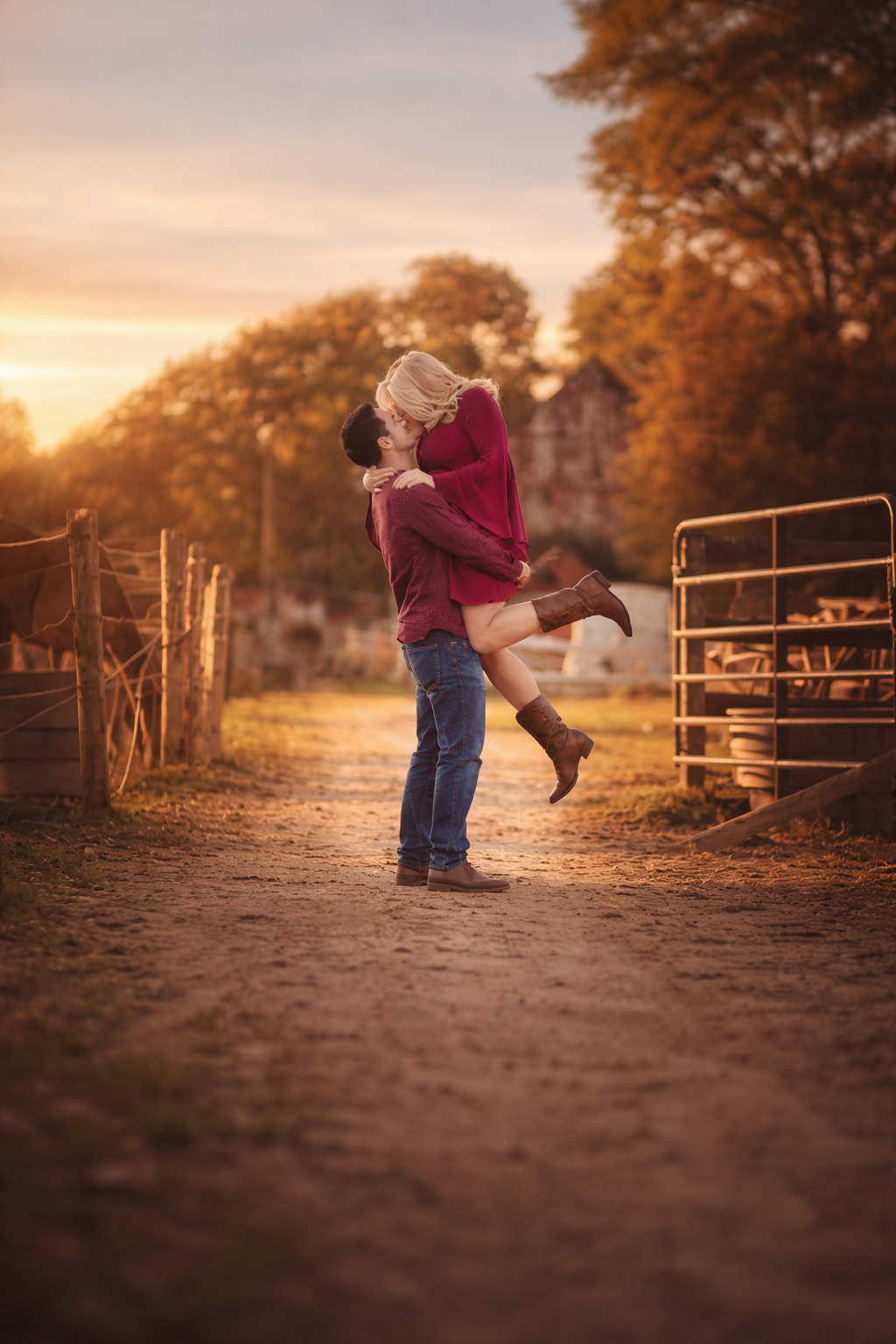 Fine art engagement portrait of a couple at a farm in South Jersey during sunset