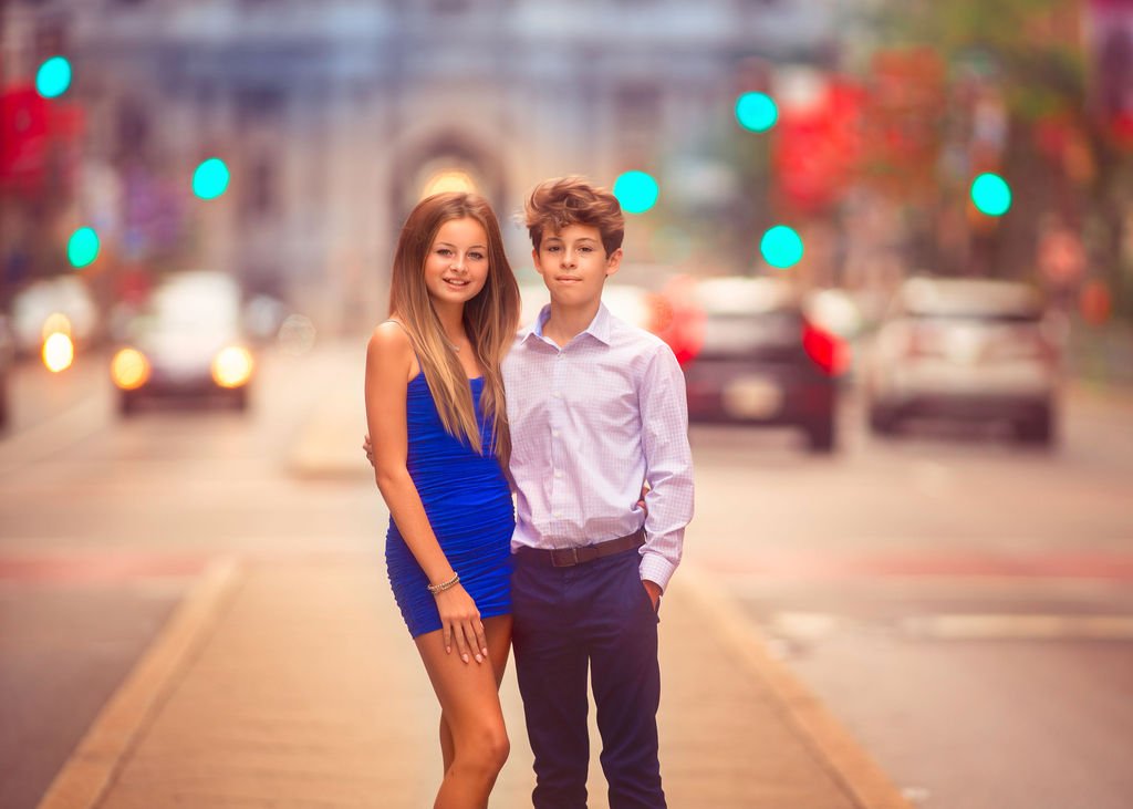 Brother and sister teen portrait photographed together during a Philadelphia city portrait session.