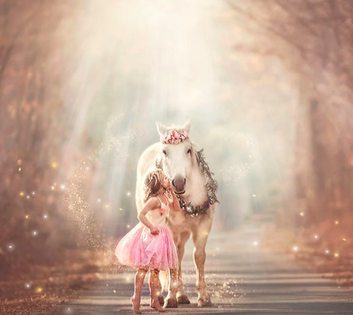 A young girl whispering softly to her unicorn during a winter unicorn portrait session, sharing a quiet, magical moment.