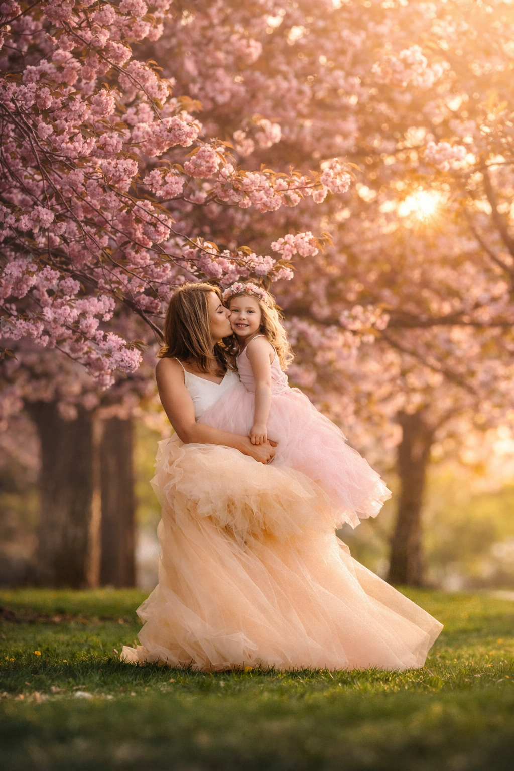 A tender moment between a mother and her little girl as she kisses her daughter’s cheek beneath blooming cherry blossoms in Fairmount Park, Philadelphia. Soft spring light and delicate petals frame this intimate, love-filled portrait.