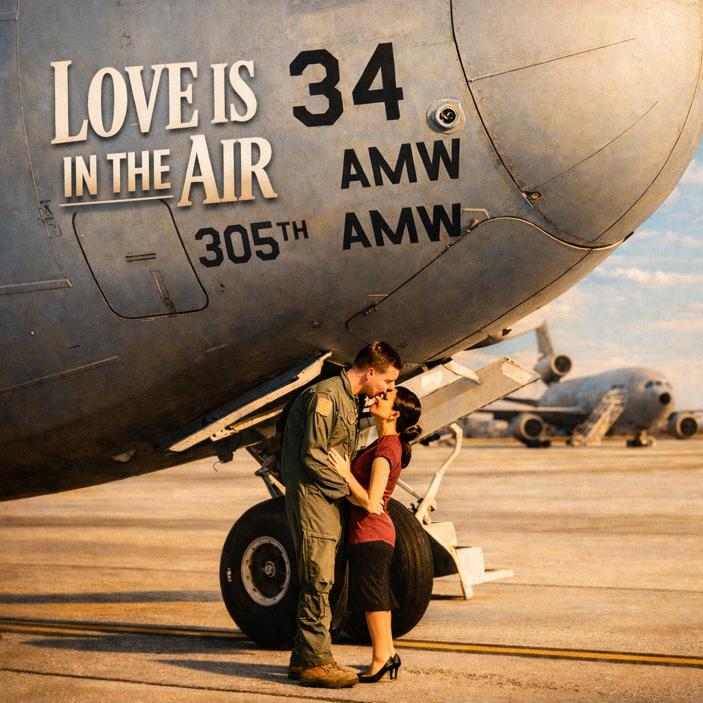 romantic military couple ising under a large Air Force aircraft at sunset with editorial "Love is int eh Air" text, warm vintage color tones and cinematic lighting.
