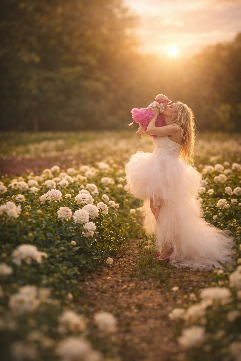 Mother holding her baby in a sunlit flower field during spring, photographed by a Philadelphia and New Jersey family photographer.