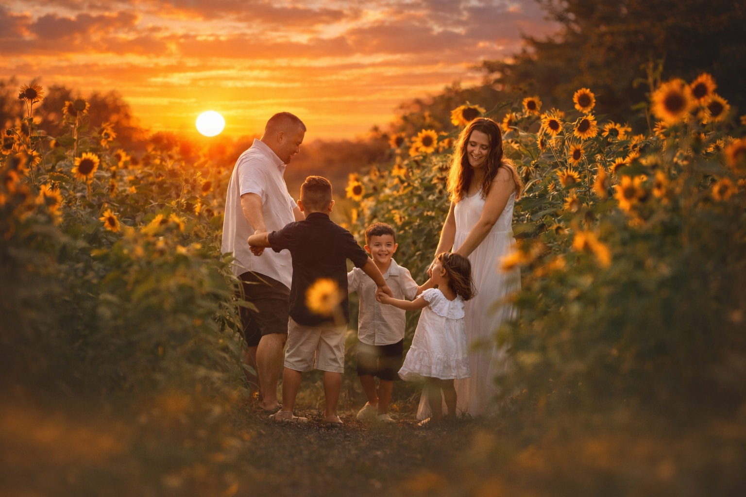 South Jersey family photographer capturing a warm sunset moment of parents and children together in a sunflower field